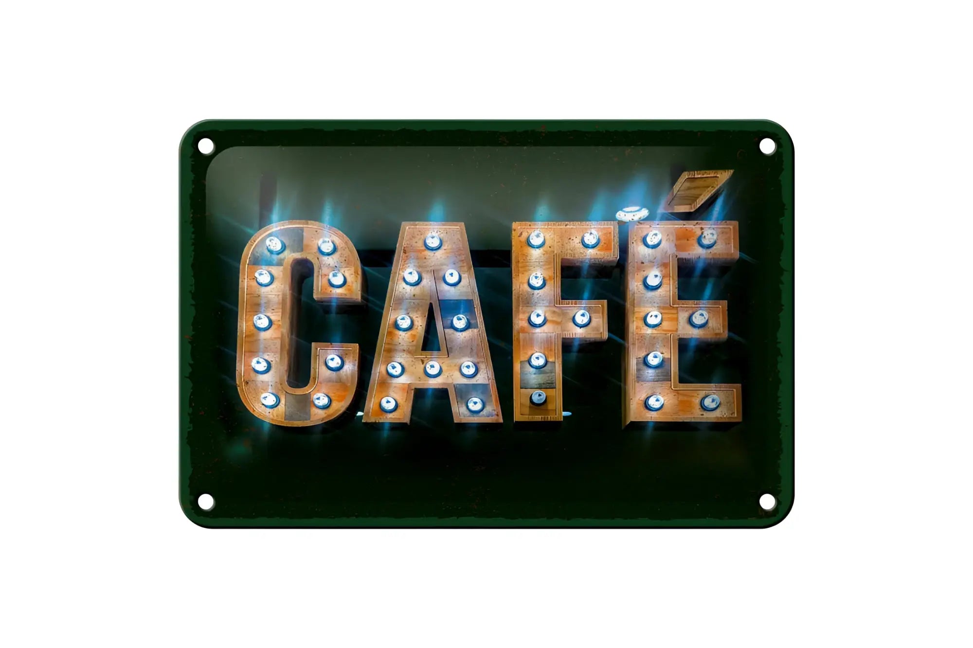 Rustikales kupferfarbenes blechschild café 20x30cm mit vintage leuchtreklame und dunkelgrünem metallrahmen