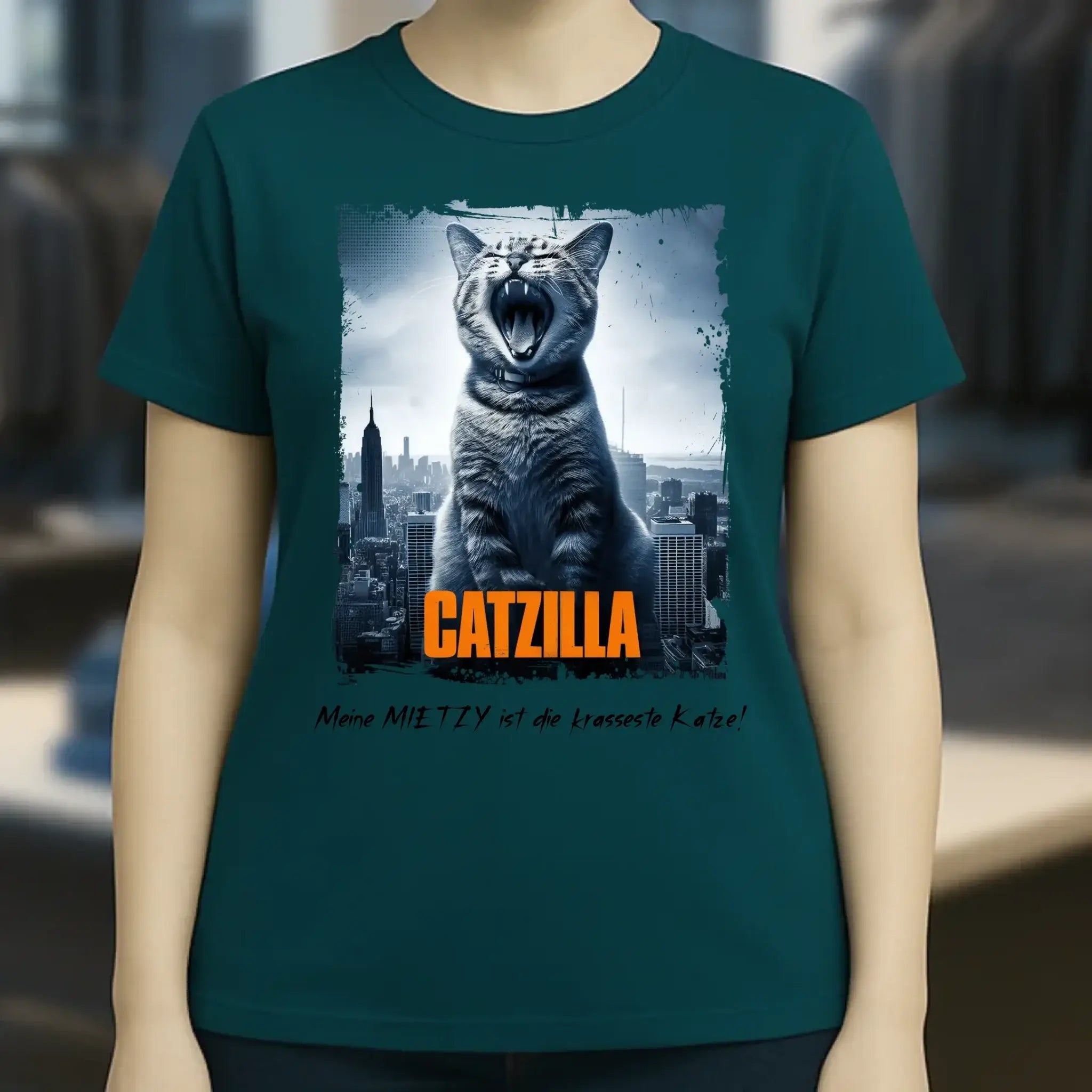 Catzilla • Katze • Ladies Premium T-Shirt XS-2XL aus Bio-Baumwolle für Damen • Exklusivdesign • personalisiert