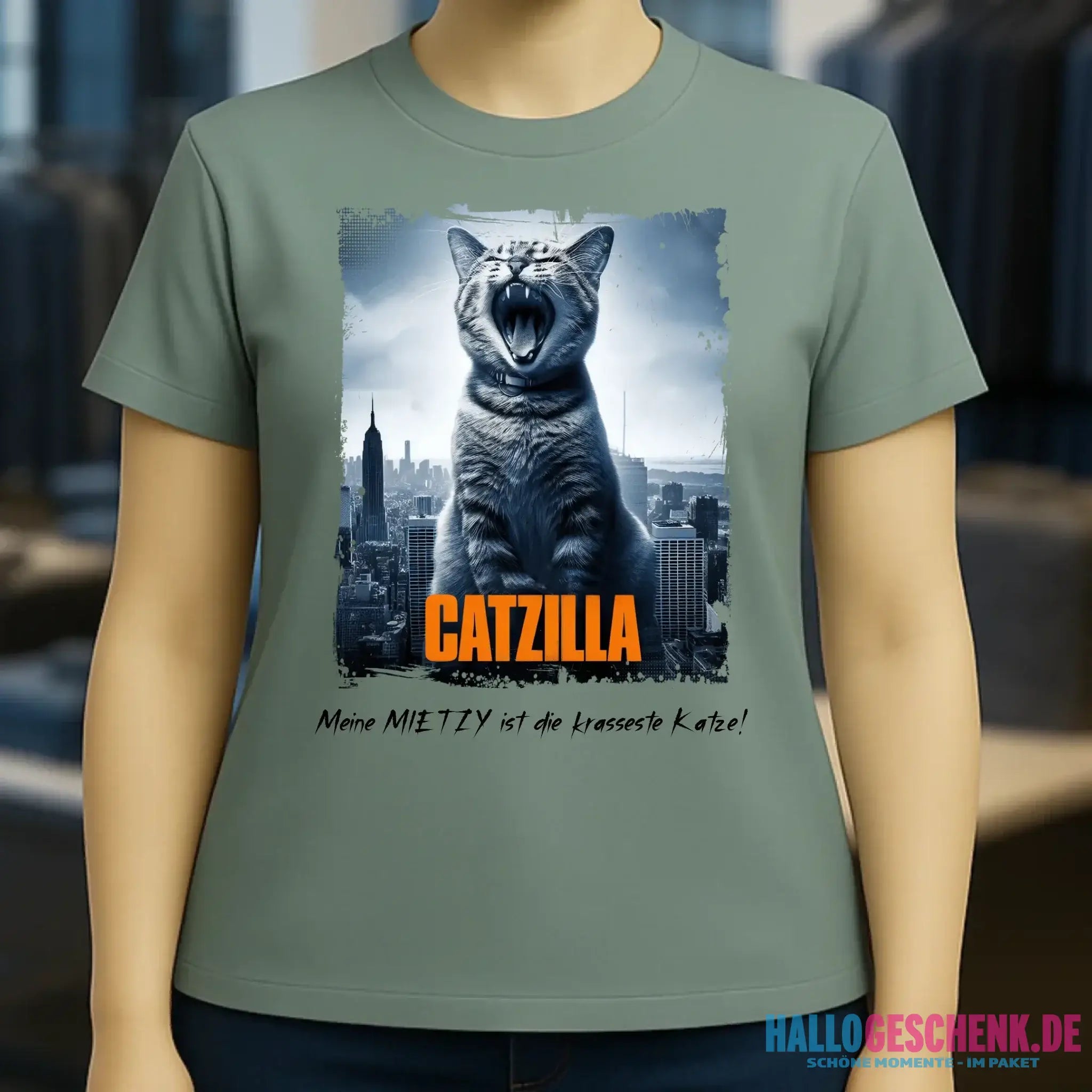 Catzilla • Katze • Ladies Premium T-Shirt XS-2XL aus Bio-Baumwolle für Damen • Exklusivdesign • personalisiert