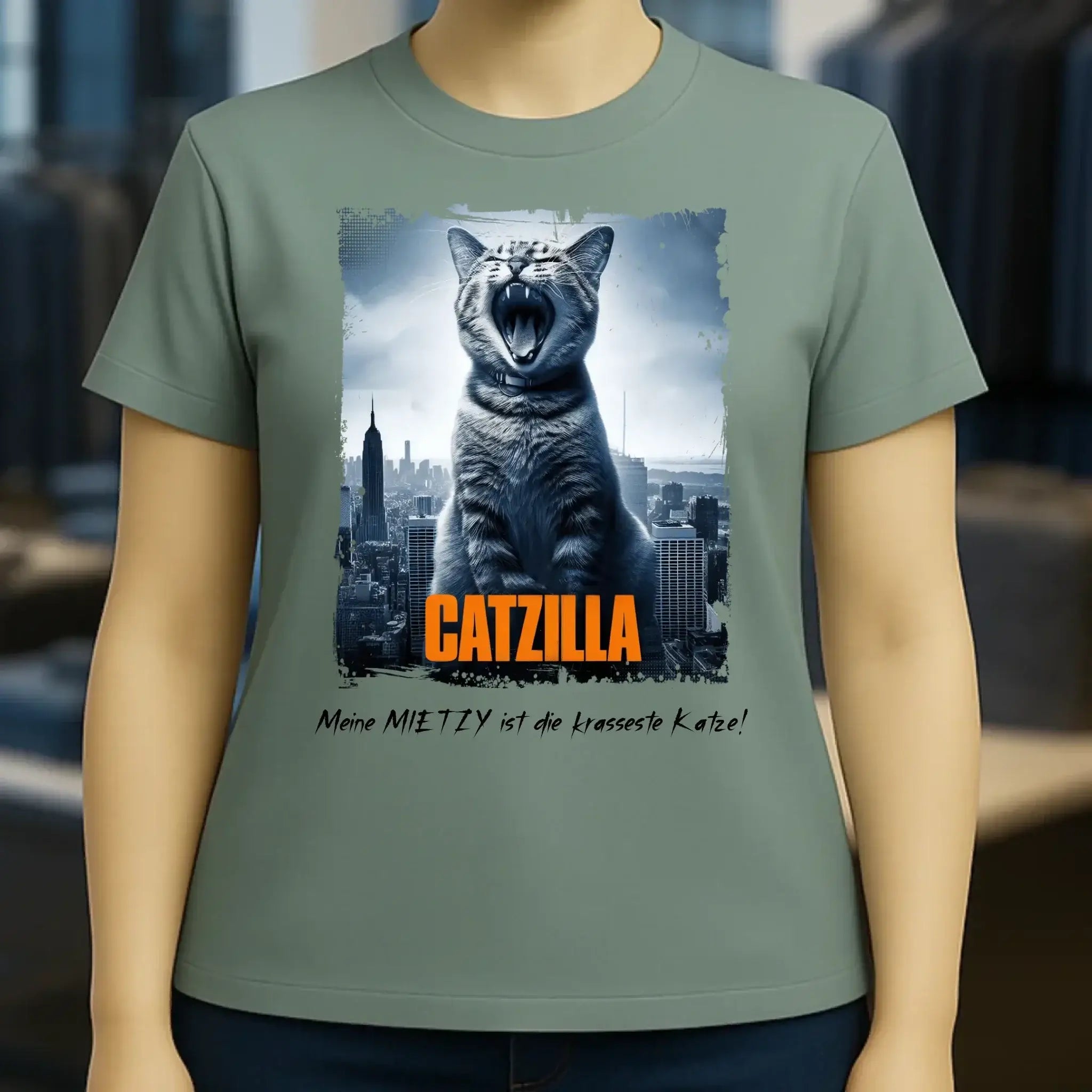Catzilla • Katze • Ladies Premium T-Shirt XS-2XL aus Bio-Baumwolle für Damen • Exklusivdesign • personalisiert