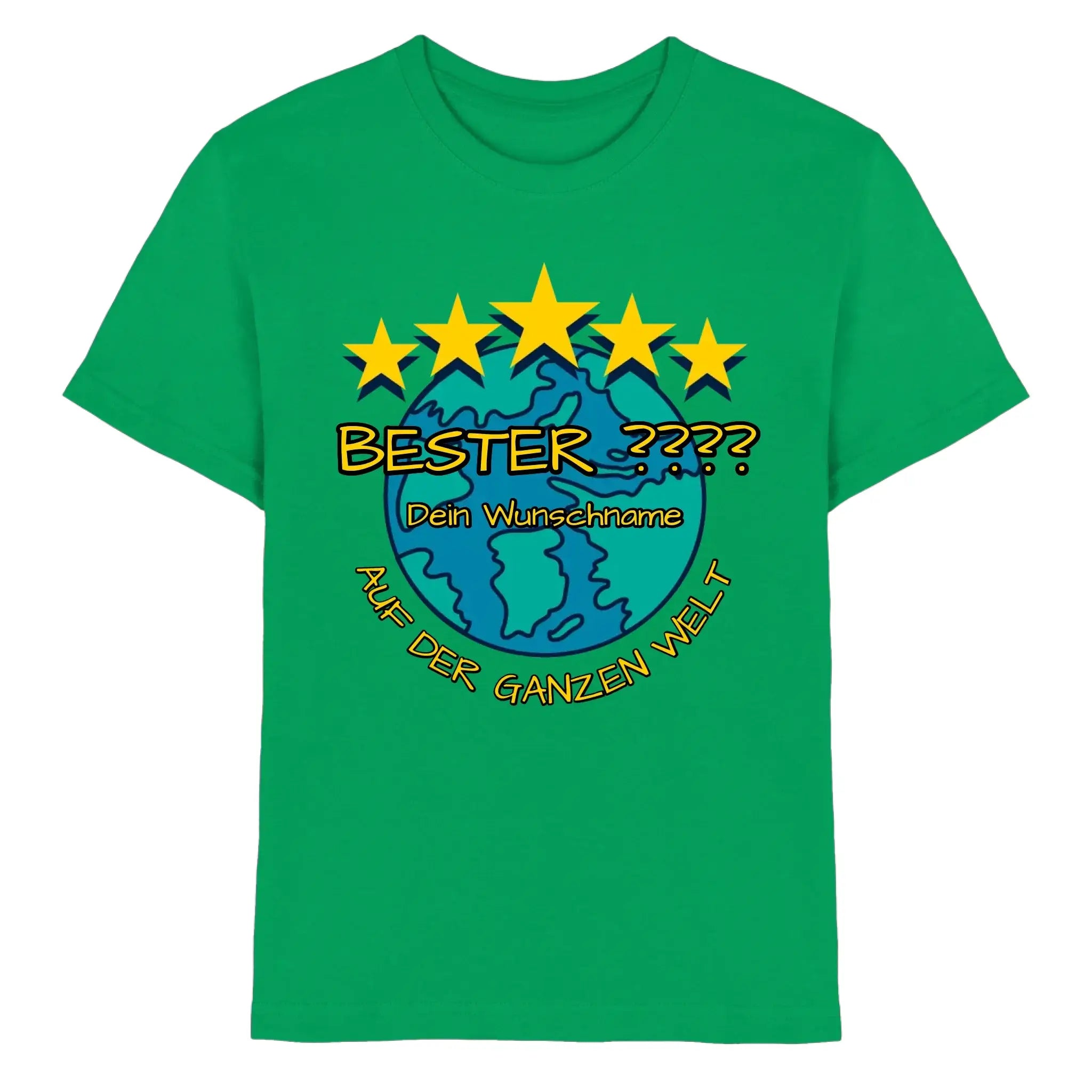 Grünes baumwoll t-shirt mit blauem globus, fünf gelben sternen und personalisierbarem text bester dein wunschname