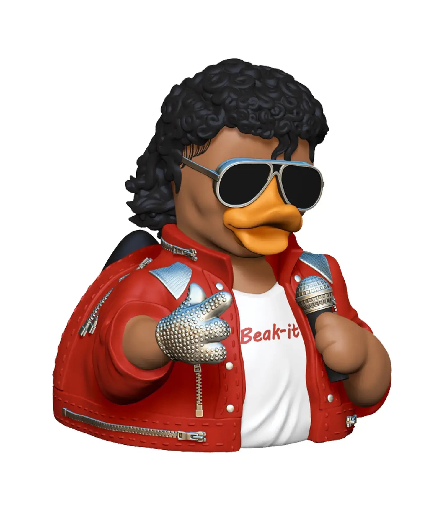 Red vinyl jacke rubber duck mit schwarzem lockigen haar und beak it t-shirt aus der celebriDucks kollektion