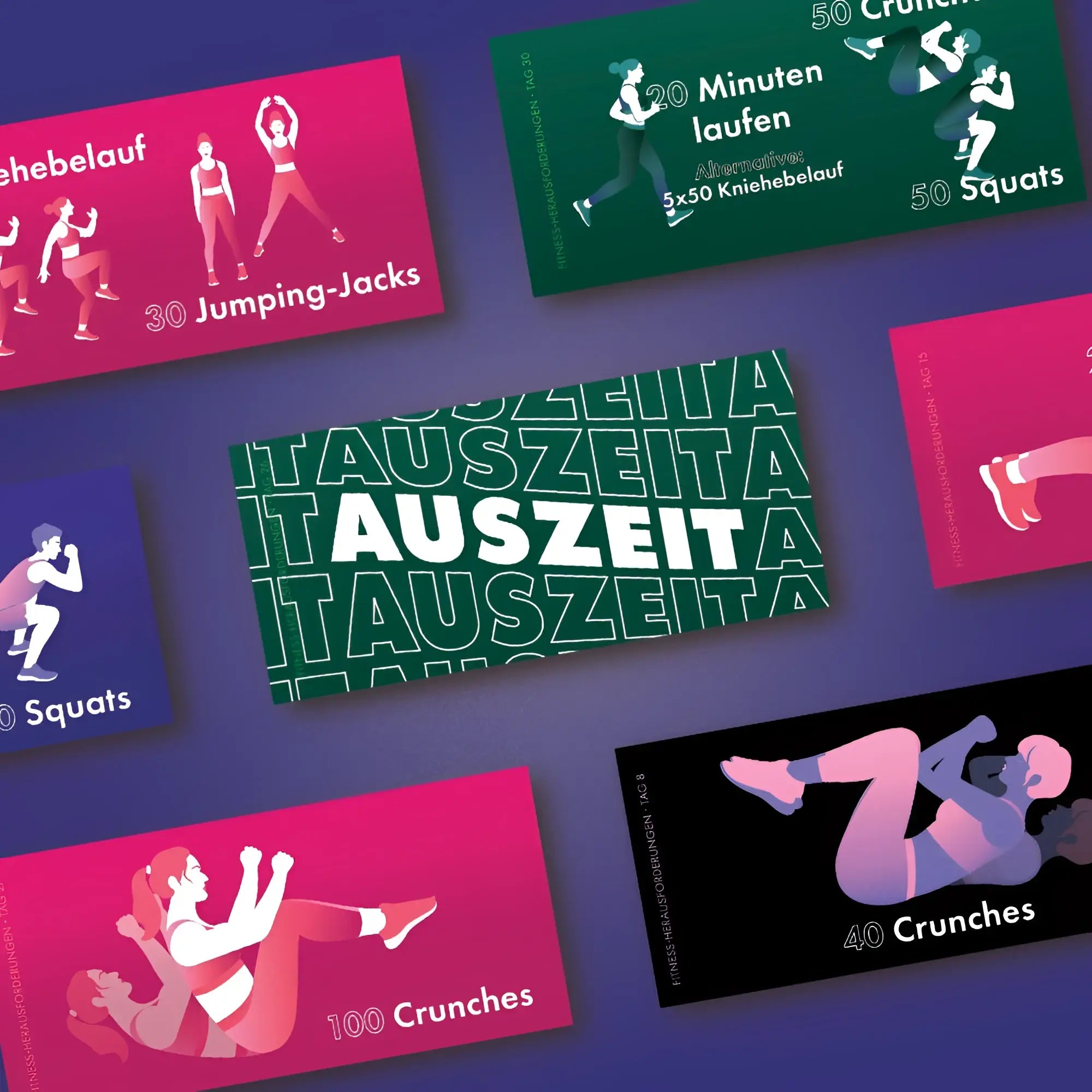 GrĂŒne rechteckige fitness pause karte mit weiĂem auszeit text aus challenge-box 30 fitness herausforderungen kartenspiel