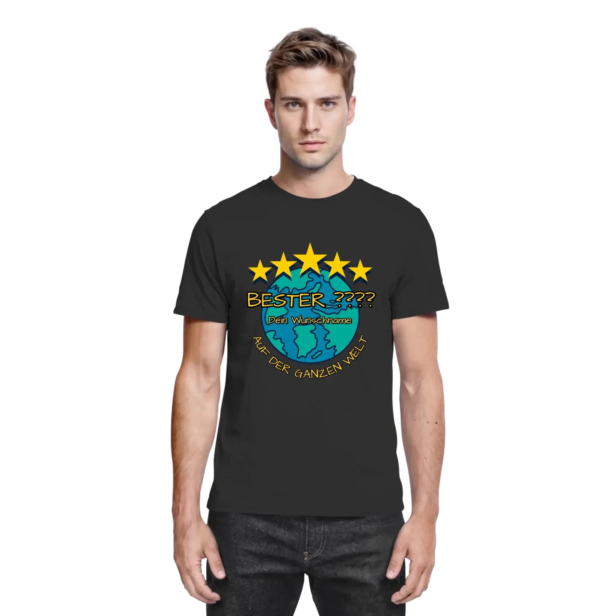 Schwarzes baumwoll t shirt mit buntem globe grafik und fünf gelben sternen bester text aus der statement collection