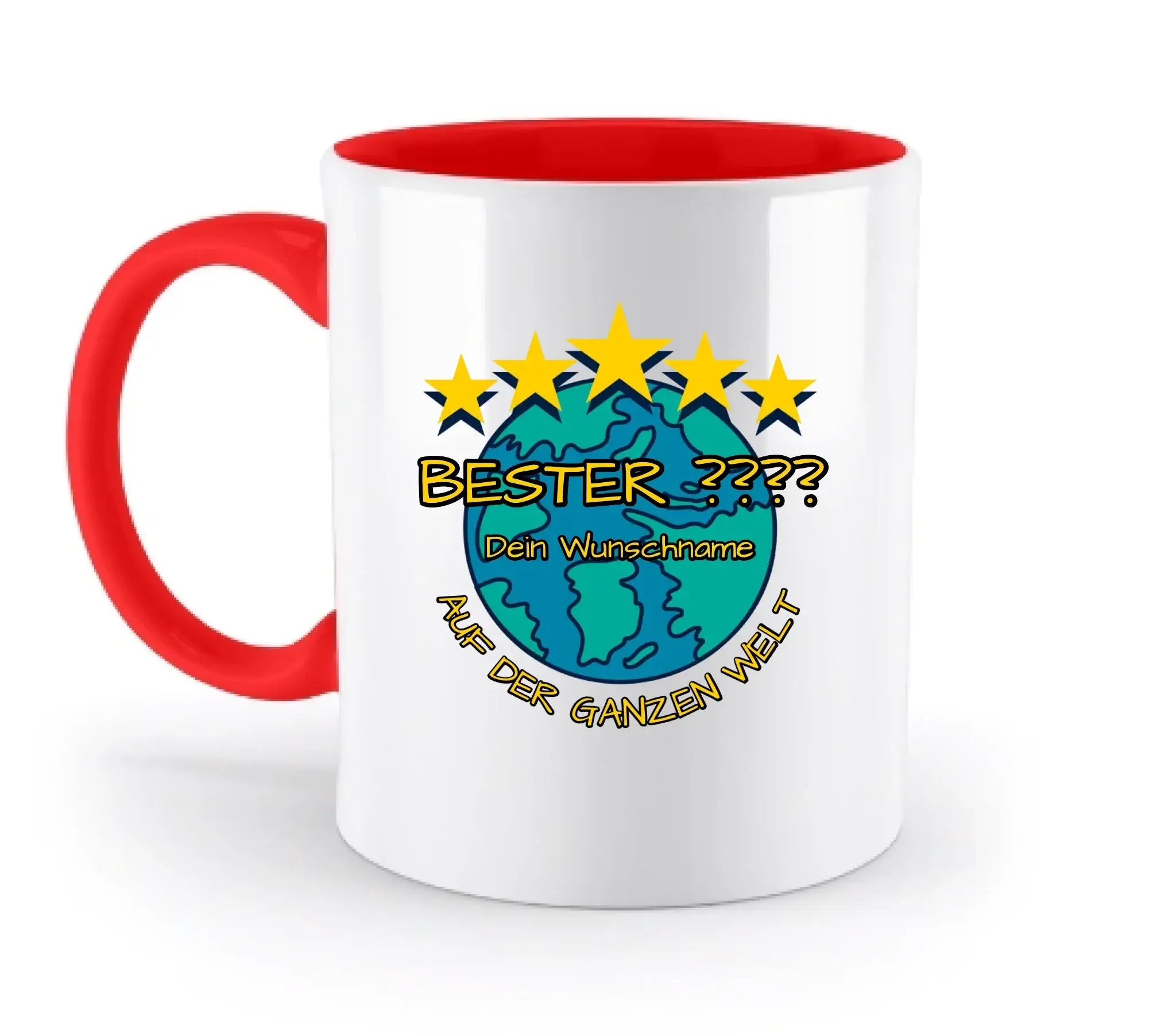 Weiße keramiktasse mit rotem griff und innenraum, bunter globus und gelbe sterne, personalisierbar beste mama papa chef