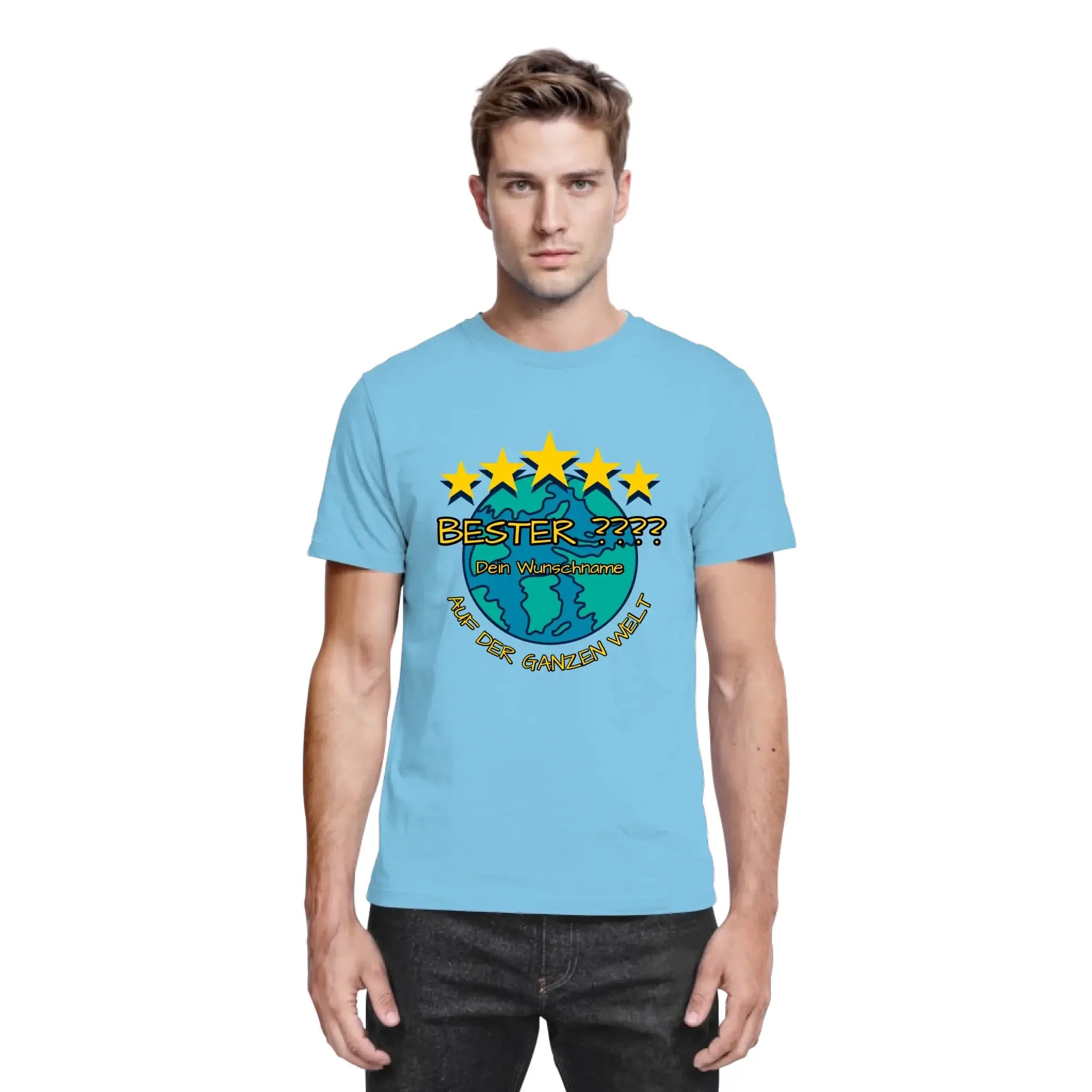 Hellblaues baumwoll t-shirt mit globe grafik und fünf gelben sternen sowie schwarzem bester schriftzug