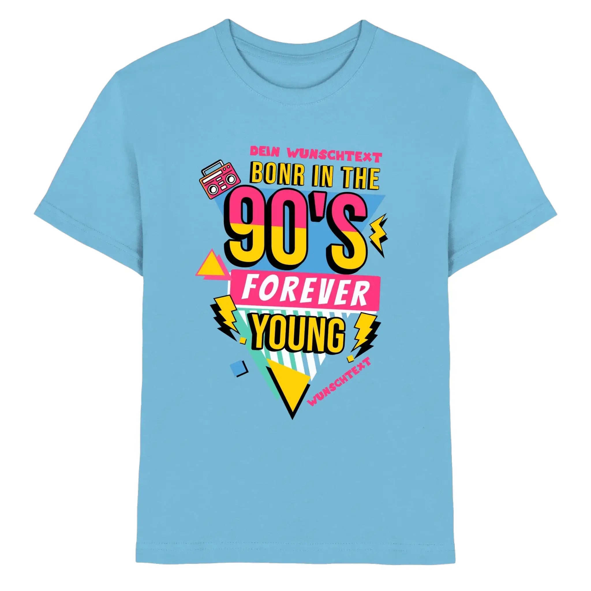 Hellblaues kinder t shirt mit leuchtendem 90er grafikdesign boombox gelb pink statement collection