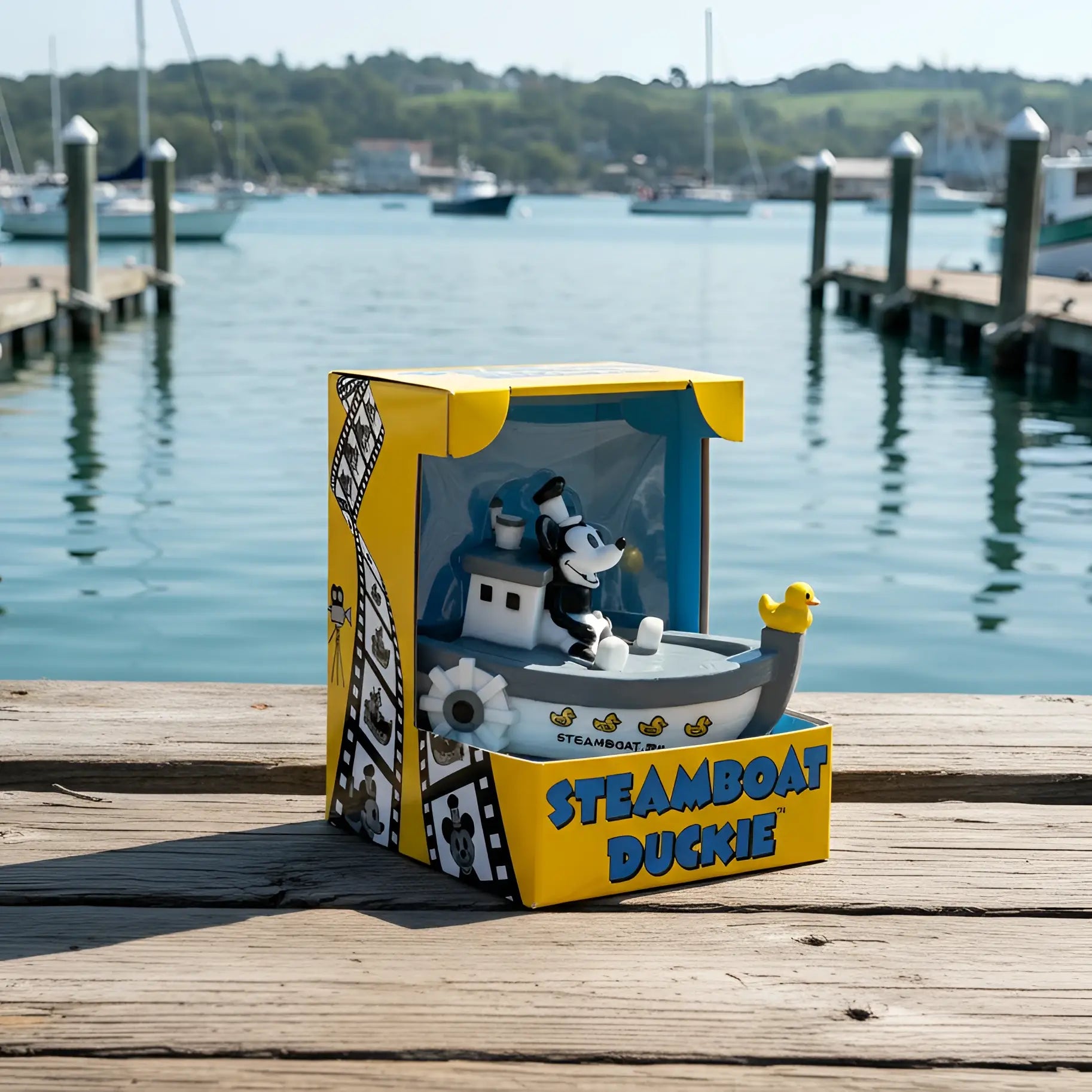 Eine schwarz-weiße mickey mouse figur auf einem grauen dampfschiff mit gelben entenmotiven und einer gummiente vorne