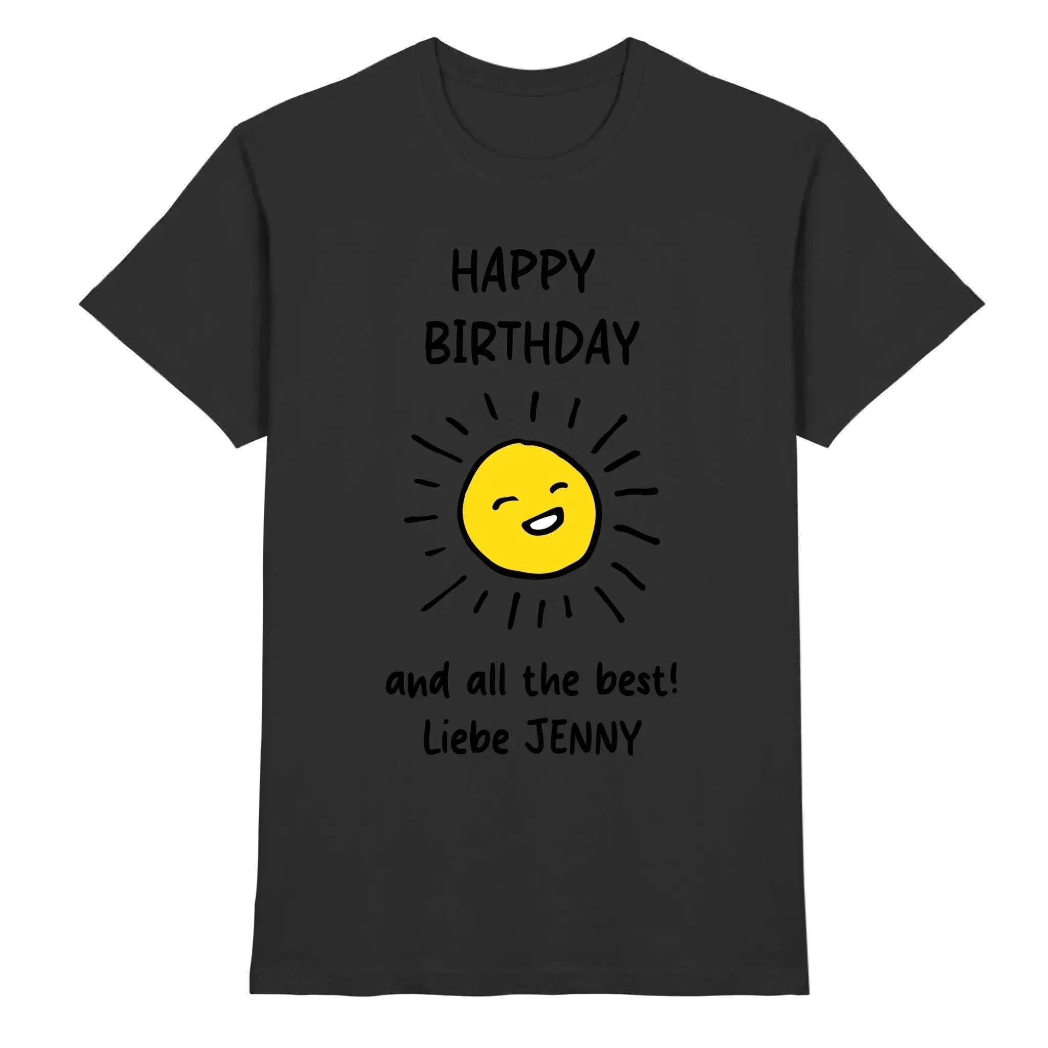 Schwarzes kurzarmshirt mit fröhlicher gelber sonnengrafik und schwarzem happy birthday text aus der geburtstag motiv 7 kings statement collection