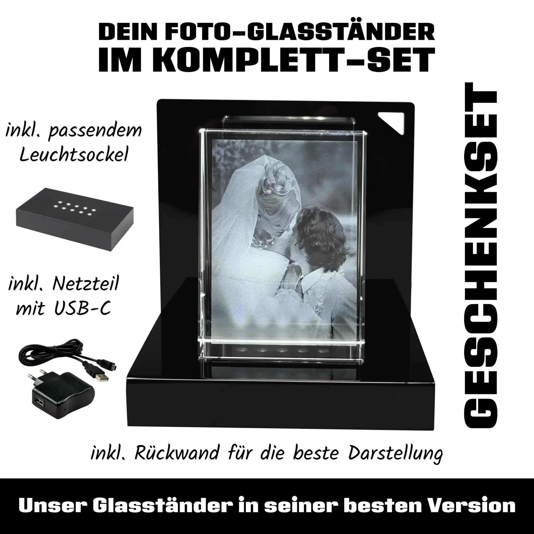 Schwarzer acryl foto glasständer mit klarem beleuchtetem rahmen zeigt schwarz weiß hochzeitsfoto auf 10x8x3 cm