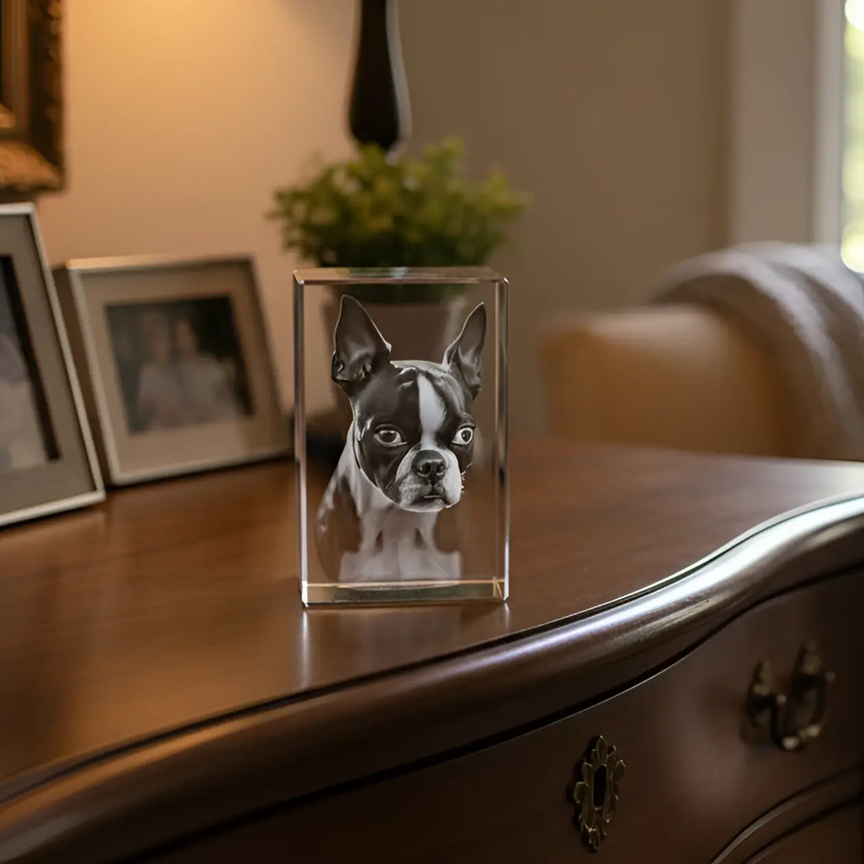 Klarer acrylwürfel mit schwarz weißem boston terrier porträt lasergravur personalisierbares fotogeschenk