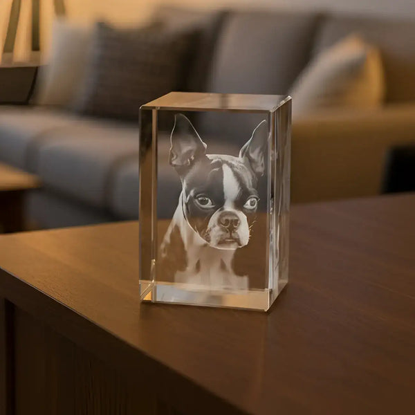Eine klare, würfelförmige Schmuckschatulle aus Kristall mit einem kunstvoll eingravierten Porträt eines schwarz-weißen Boston-Terriers.