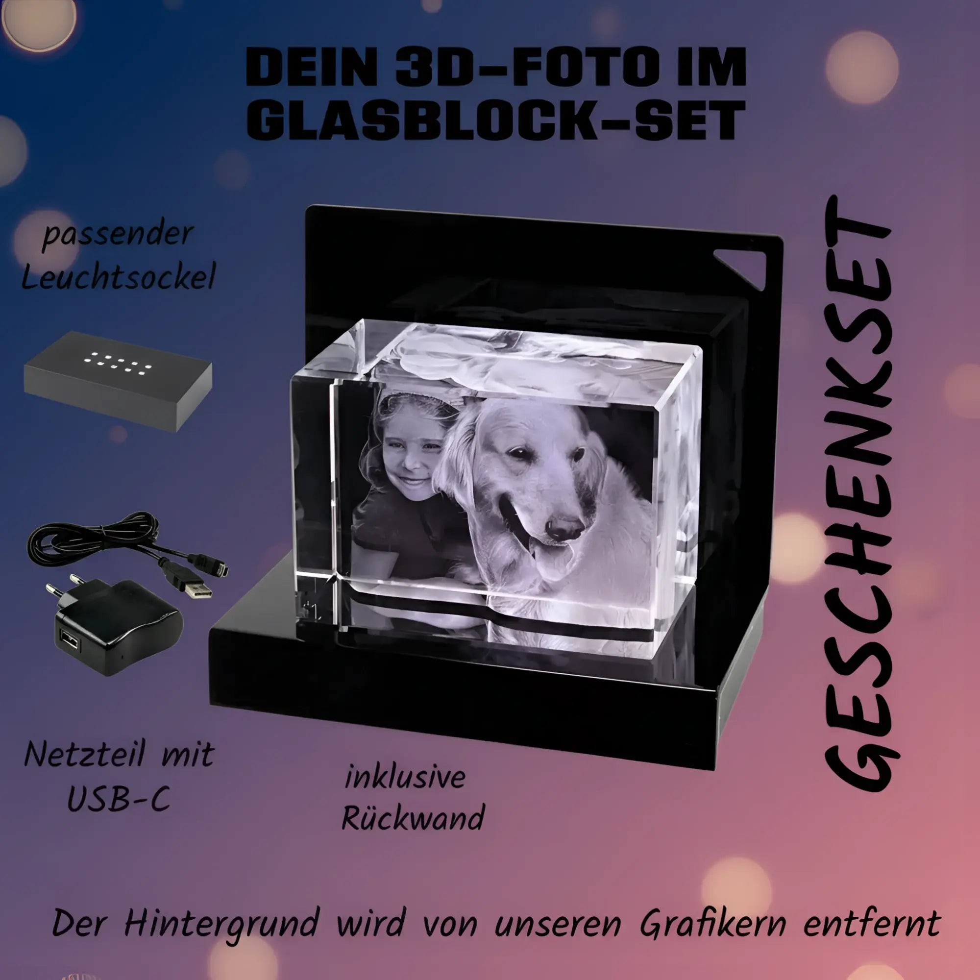 Dein 3d-foto im glasblock-set querformat mit lasergravur zeigt ein schwarz-weiß bild eines mädchens mit goldenem retriever