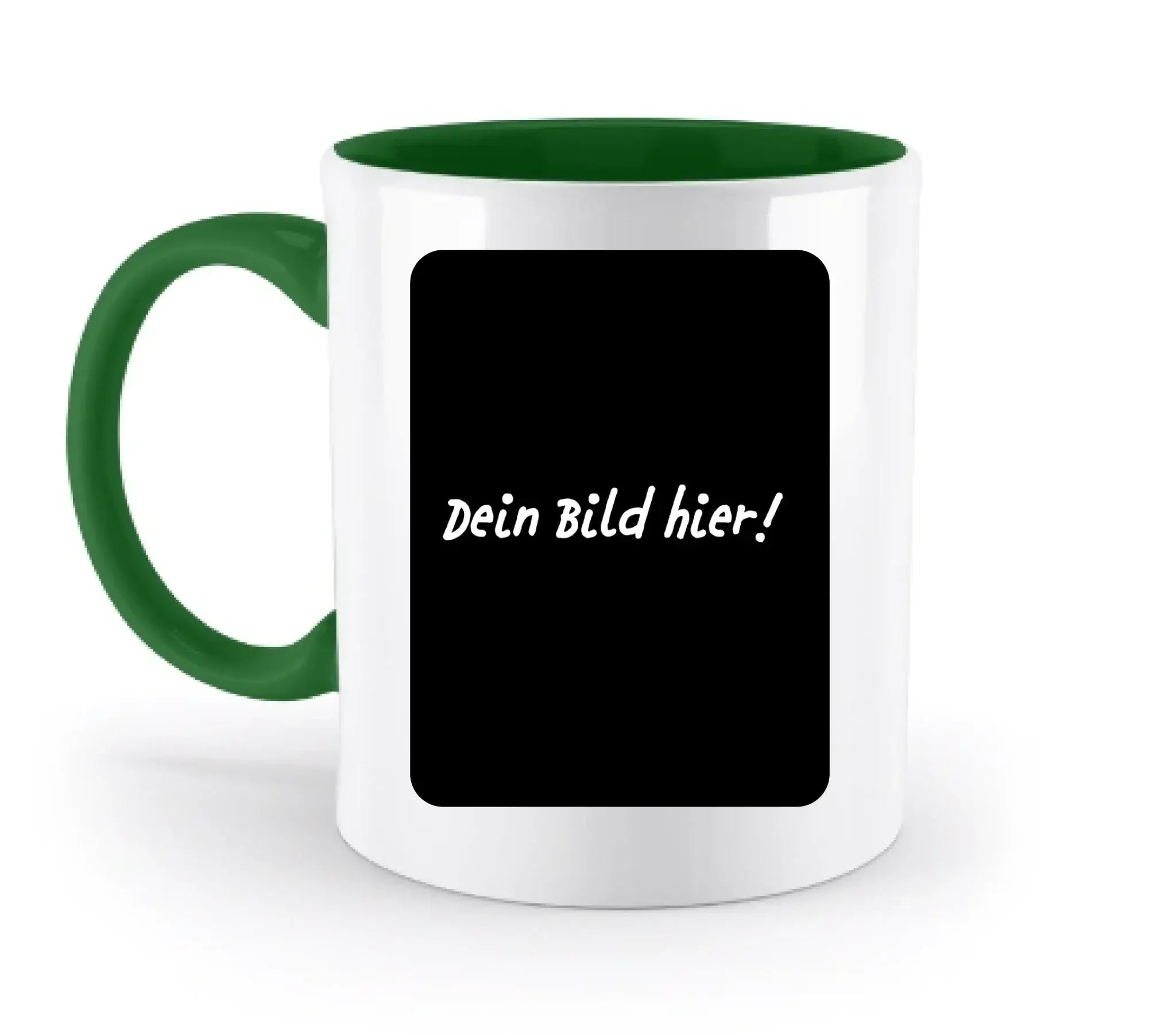 Weiße keramikmug mit grünem griff und innenbereich und schwarzem feld für personalisierte fotos aus der statement-collection