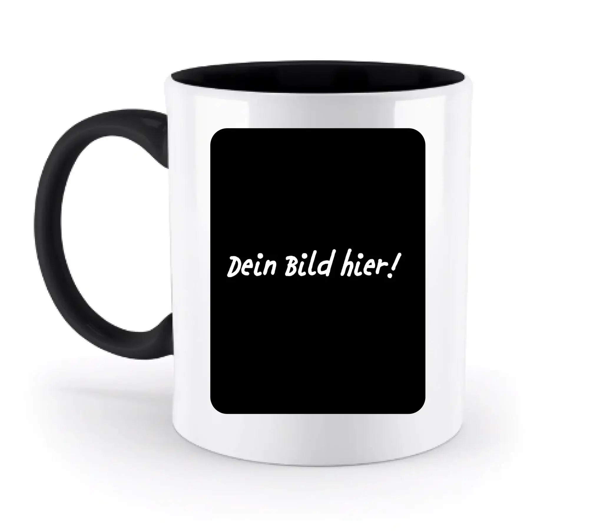 Weiße keramiktasse mit schwarzem griff und innenseite, schwarzes feld mit weißem dein bild hier text aus der statement-collection