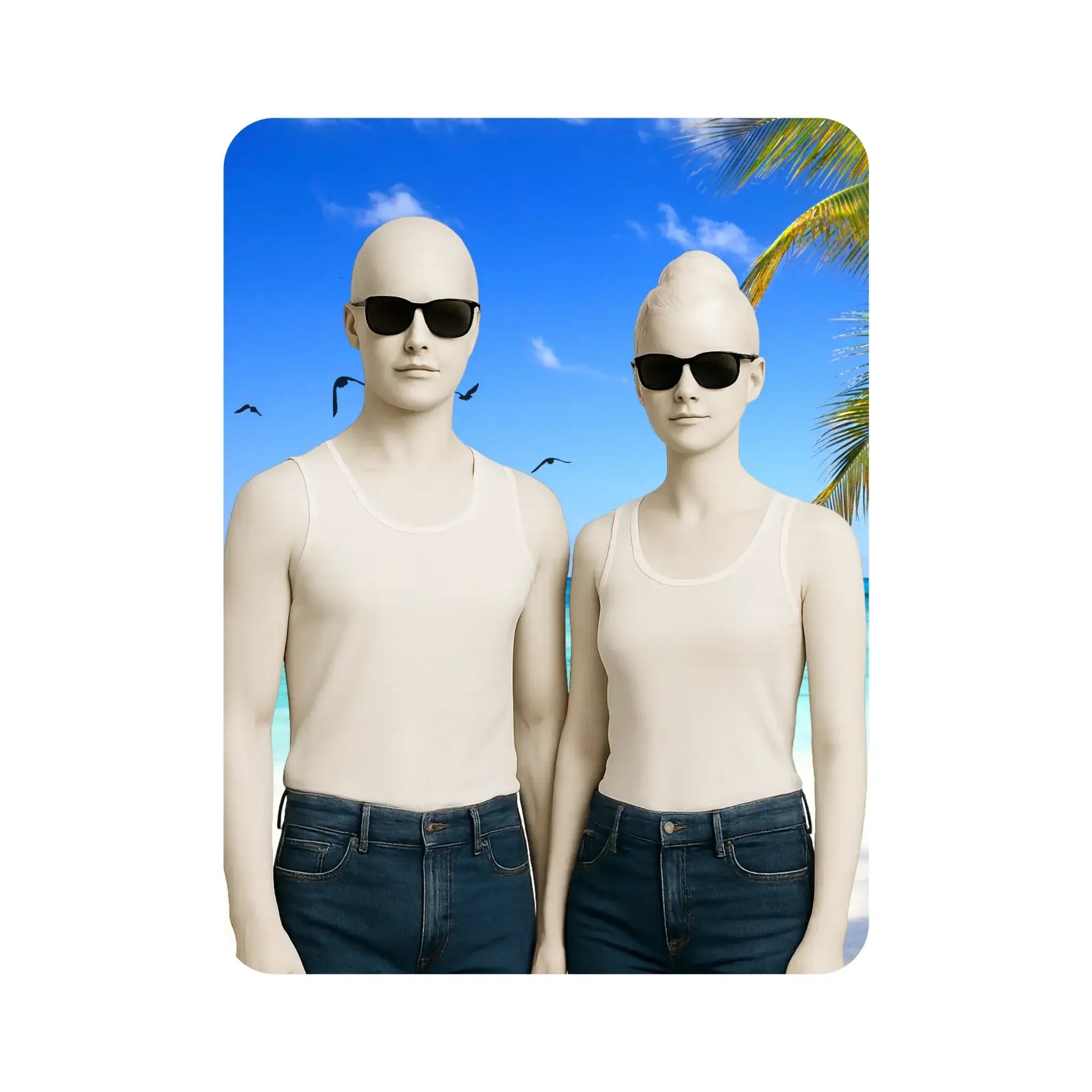 Rechteckiges beach theme mousepad mit zwei mannequins in beige tanktops und dunklen jeans vor palmen und vögeln