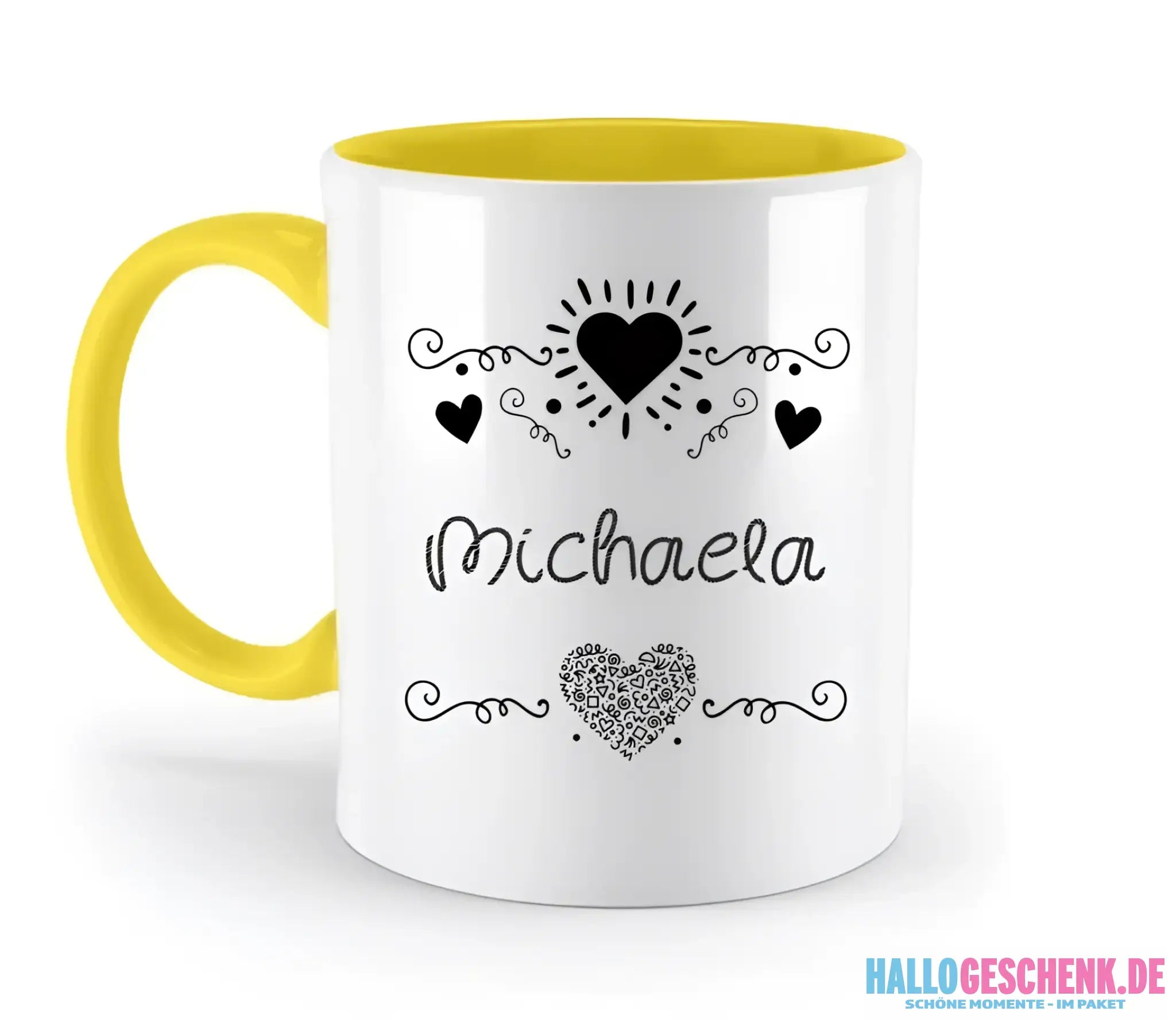 Dein e Wunschname n im LOVE DESIGN 2 - Personalisierte zweifarbige Tasse 330ml mit farbigem Innendruck