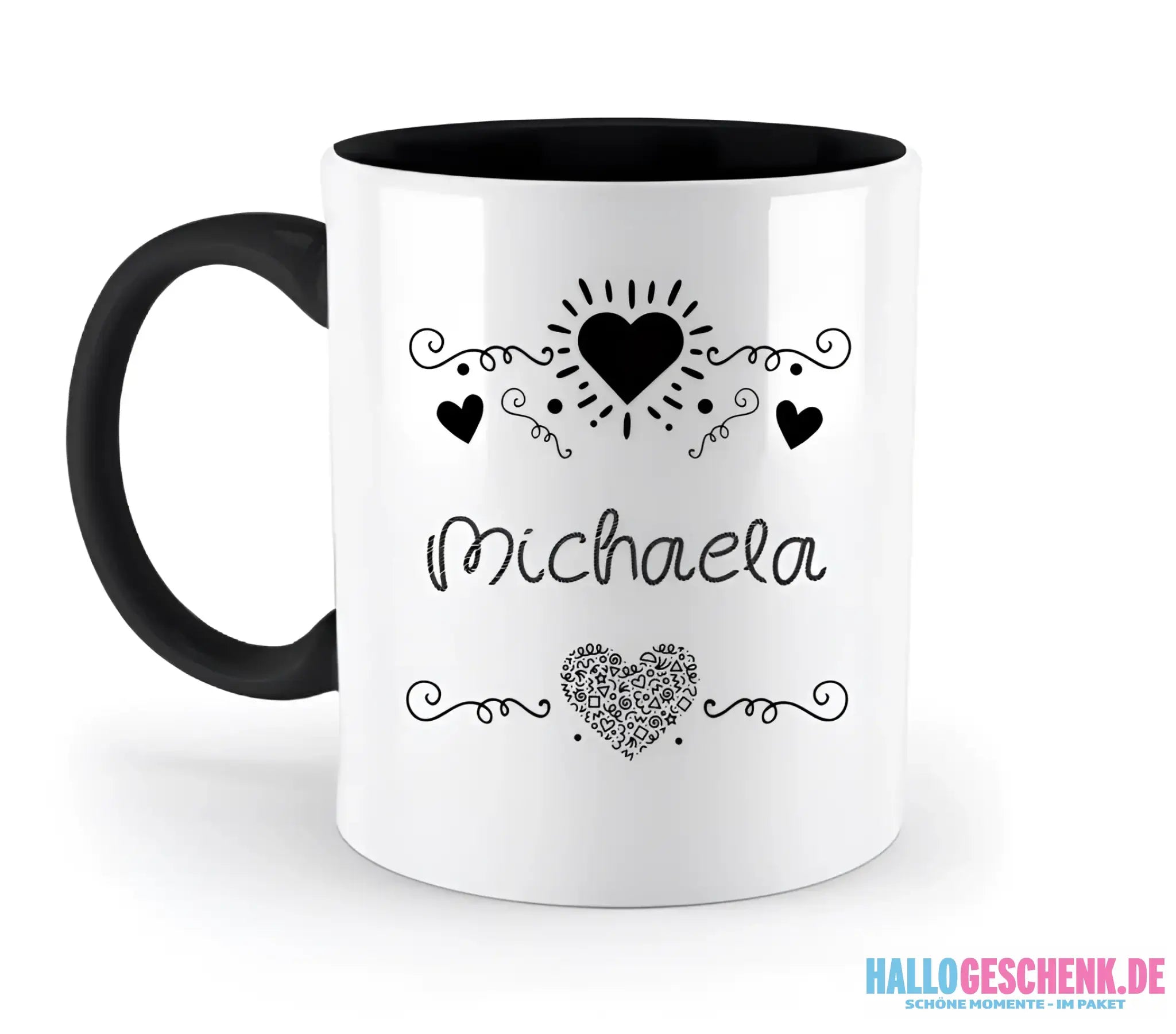 Dein e Wunschname n im LOVE DESIGN 2 - Personalisierte zweifarbige Tasse 330ml mit farbigem Innendruck
