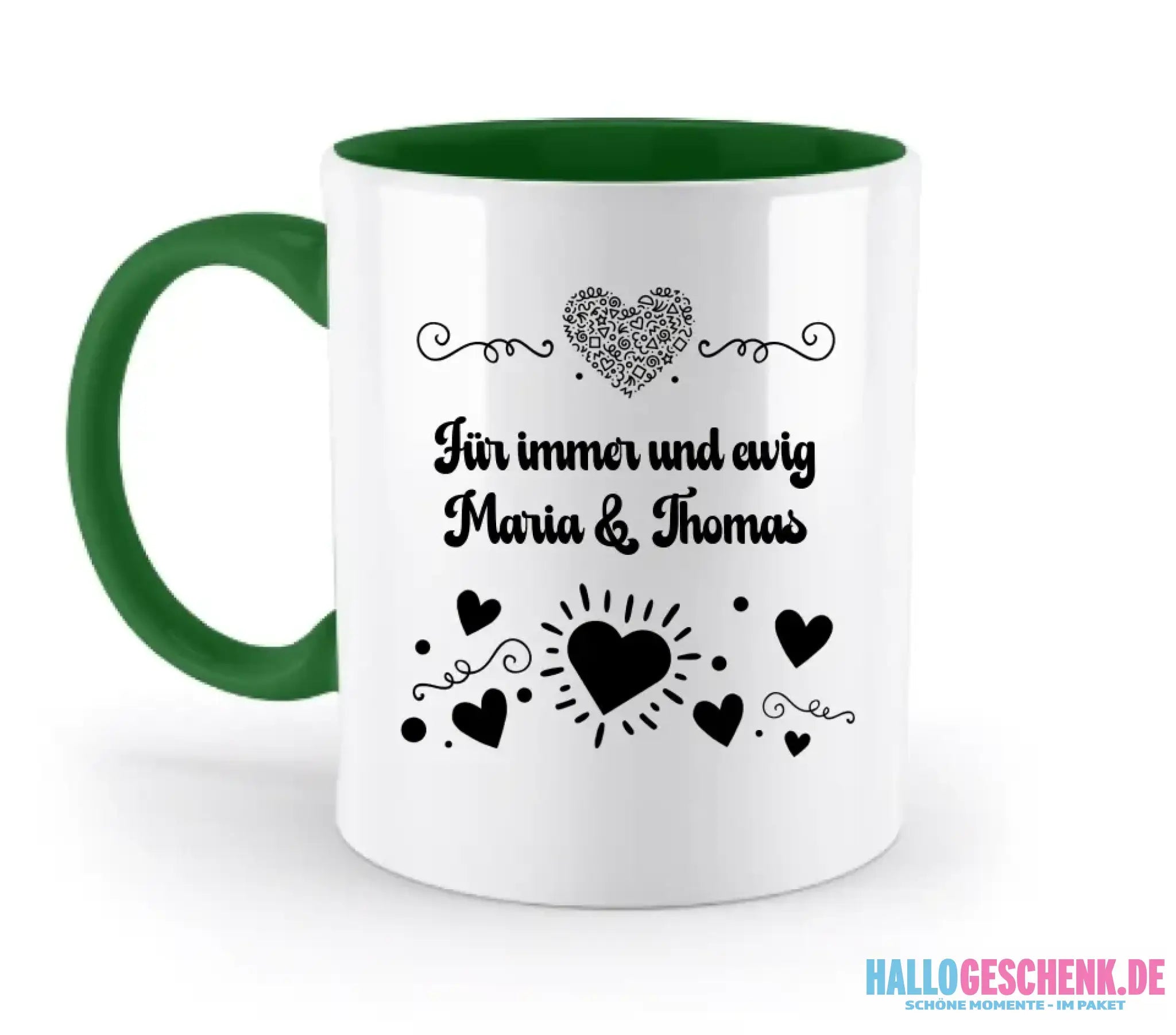 Dein e Wunschname n im LOVE DESIGN 3 - Personalisierte zweifarbige Tasse 330ml mit farbigem Innendruck