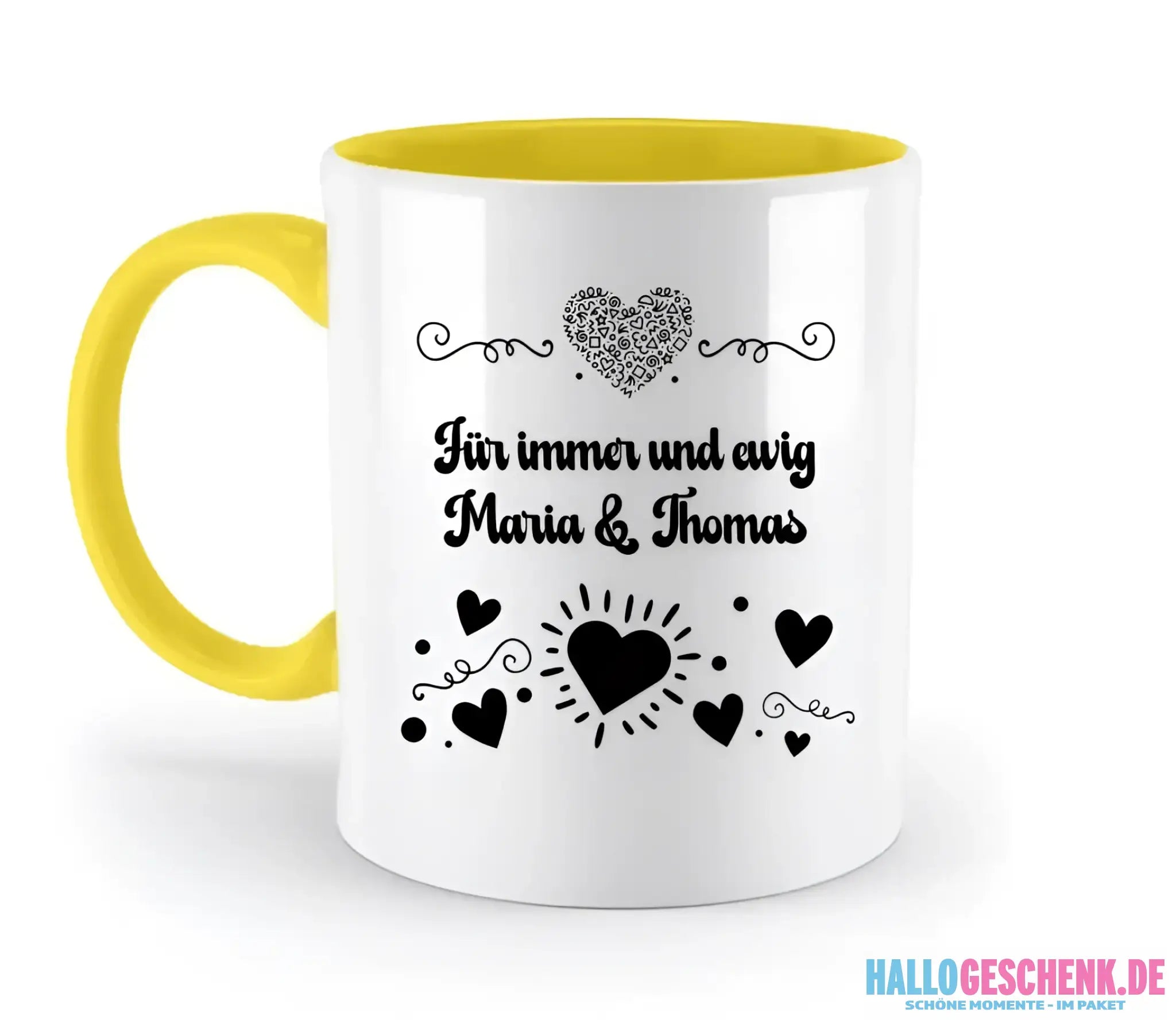 Dein e Wunschname n im LOVE DESIGN 3 - Personalisierte zweifarbige Tasse 330ml mit farbigem Innendruck
