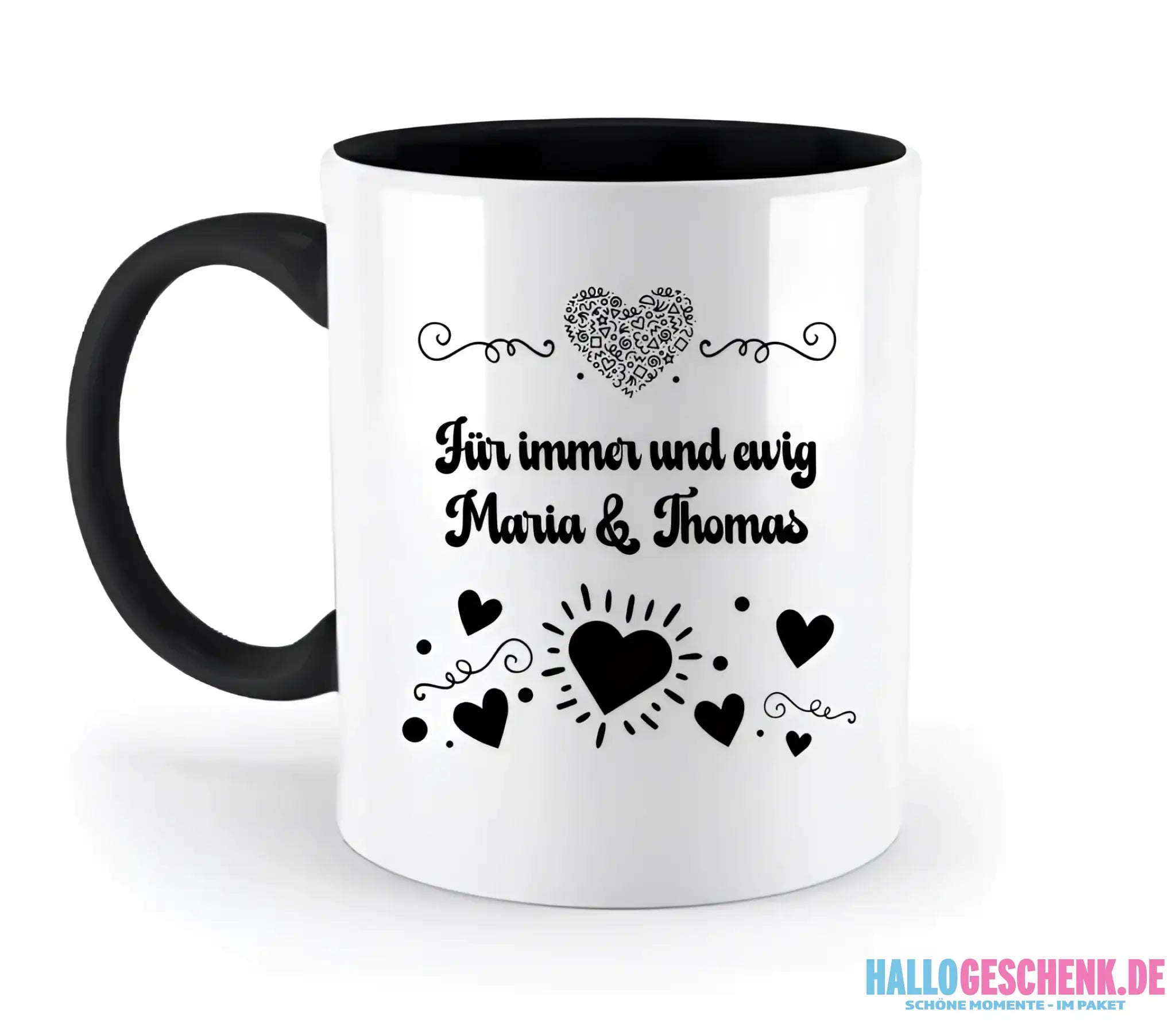 Dein e Wunschname n im LOVE DESIGN 3 - Personalisierte zweifarbige Tasse 330ml mit farbigem Innendruck