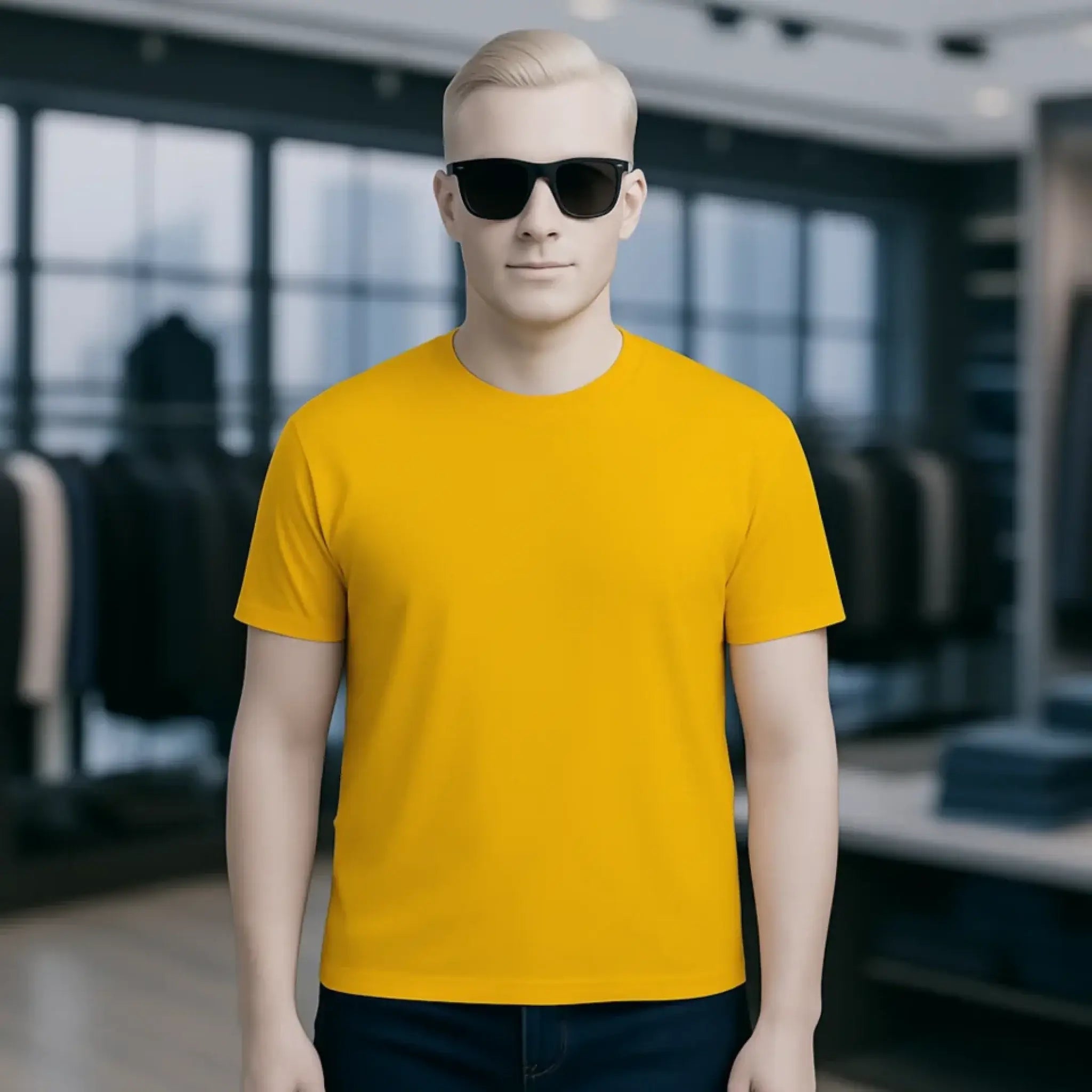 Ein unisex premium t-shirt in solidem gelb aus bio-baumwolle mit kurzärmeln und rundhalsausschnitt