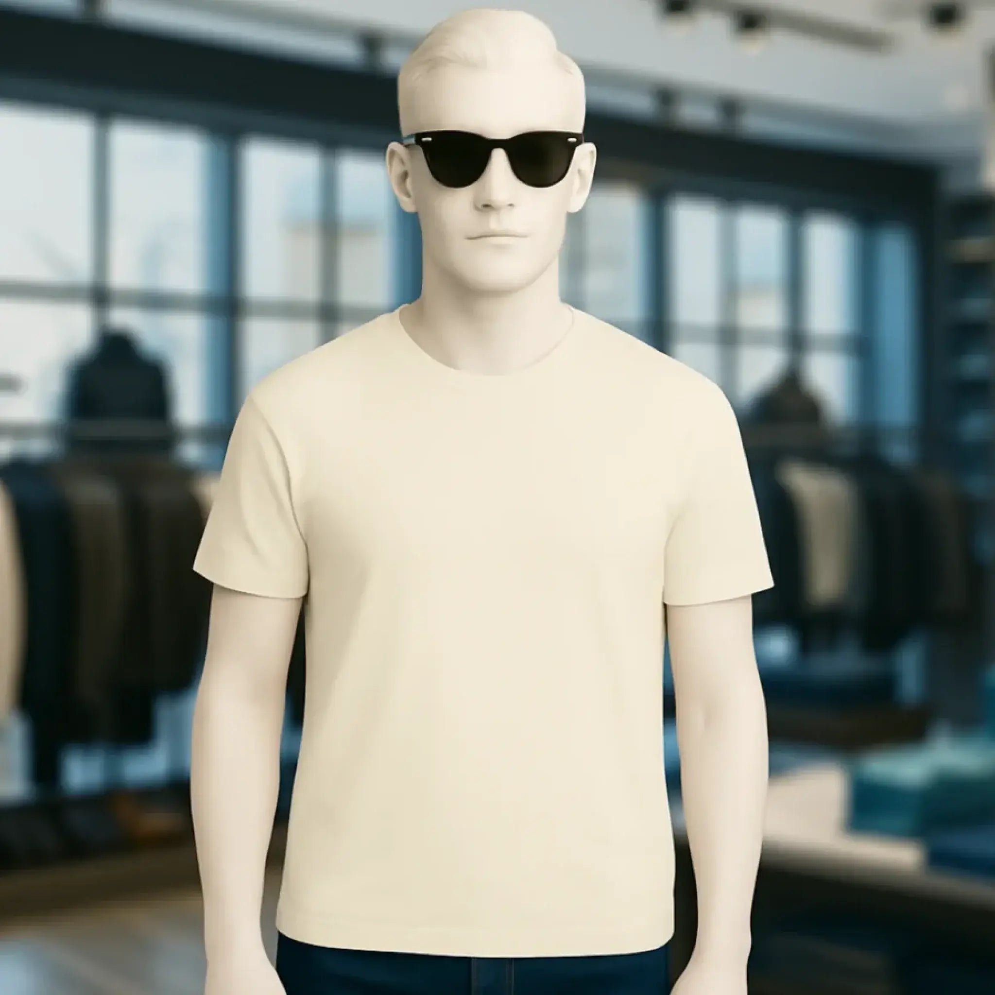 Beige crew-neck unisex premium t-shirt aus bio-baumwolle auf mannequin für damen und herren