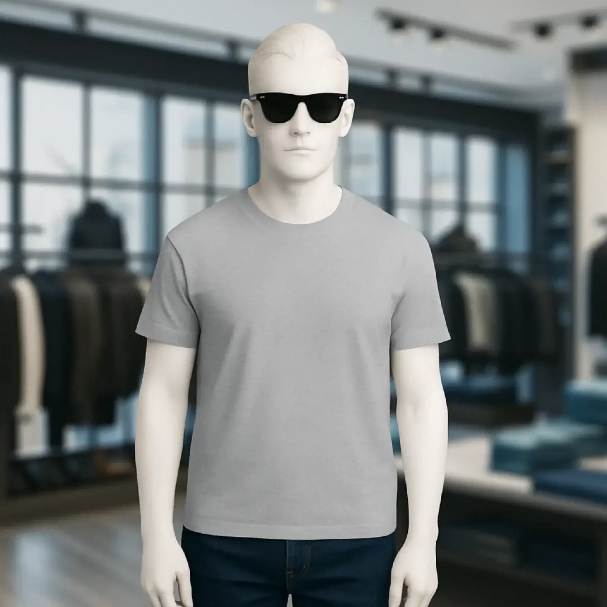 Ein schlichtes graues unisex premium t shirt aus bio baumwolle in kurzen ärmeln auf einer schaufensterpuppe