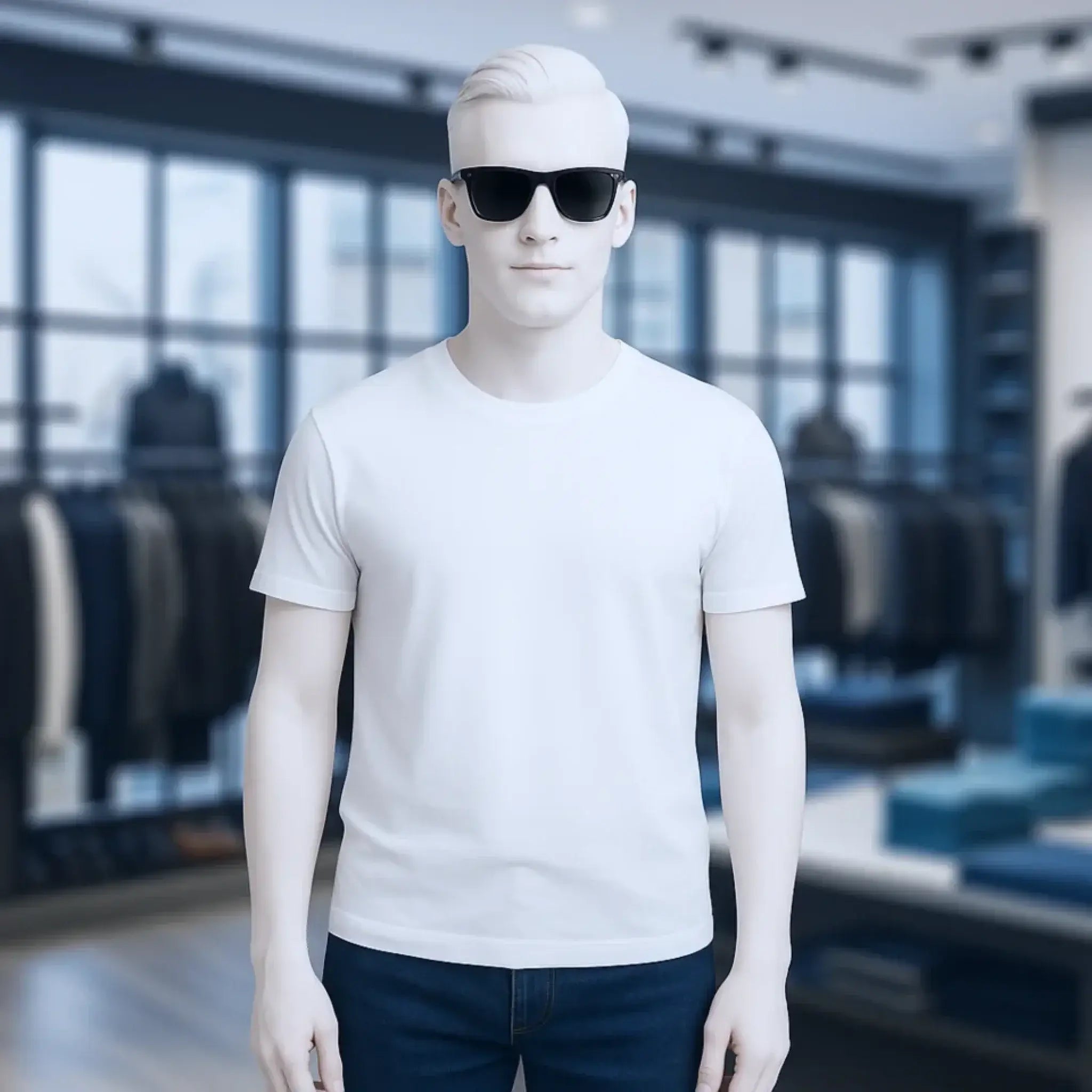 Weißes unisex premium bio-baumwoll-t-shirt mit rundhalsausschnitt auf mannequin getragen