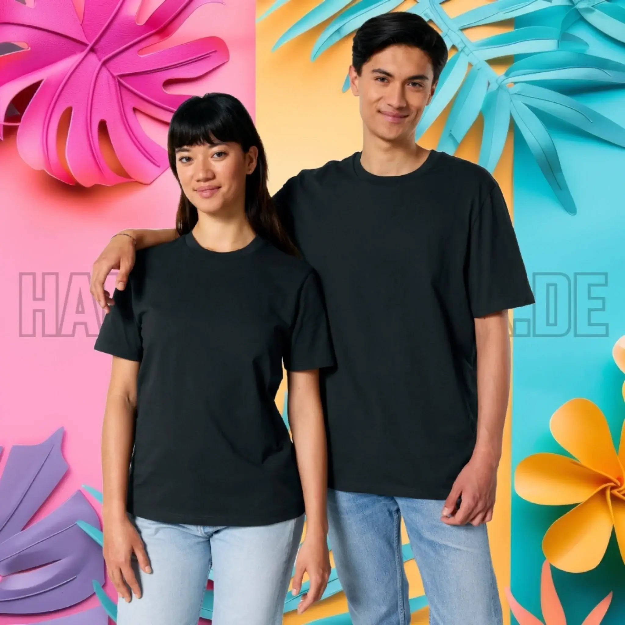 Schwarzes unisex premium t shirt aus bio baumwolle mit rundhalsausschnitt und kurzen Ärmeln für damen und herren