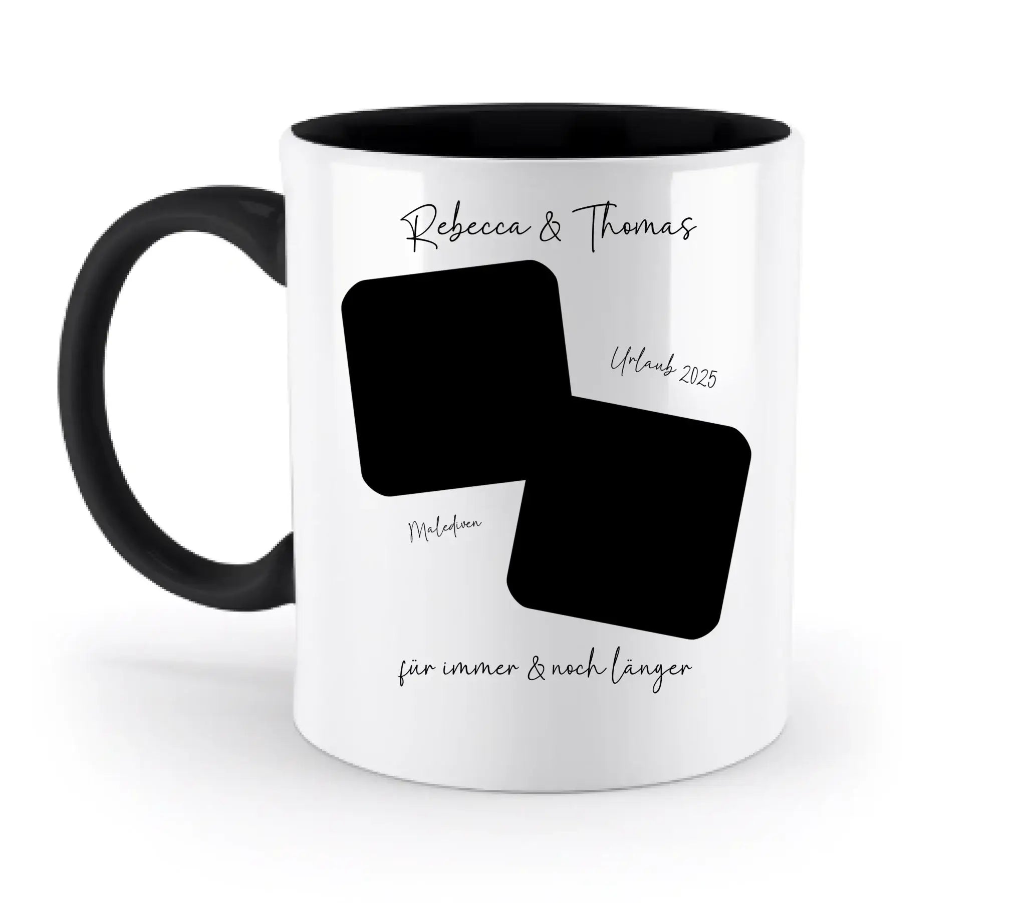 Dein Foto in 1-4 Quadraten - mit Wunschtext (personalisierbare Fotomotive) • Collage - Zweifarbige Tasse / Black