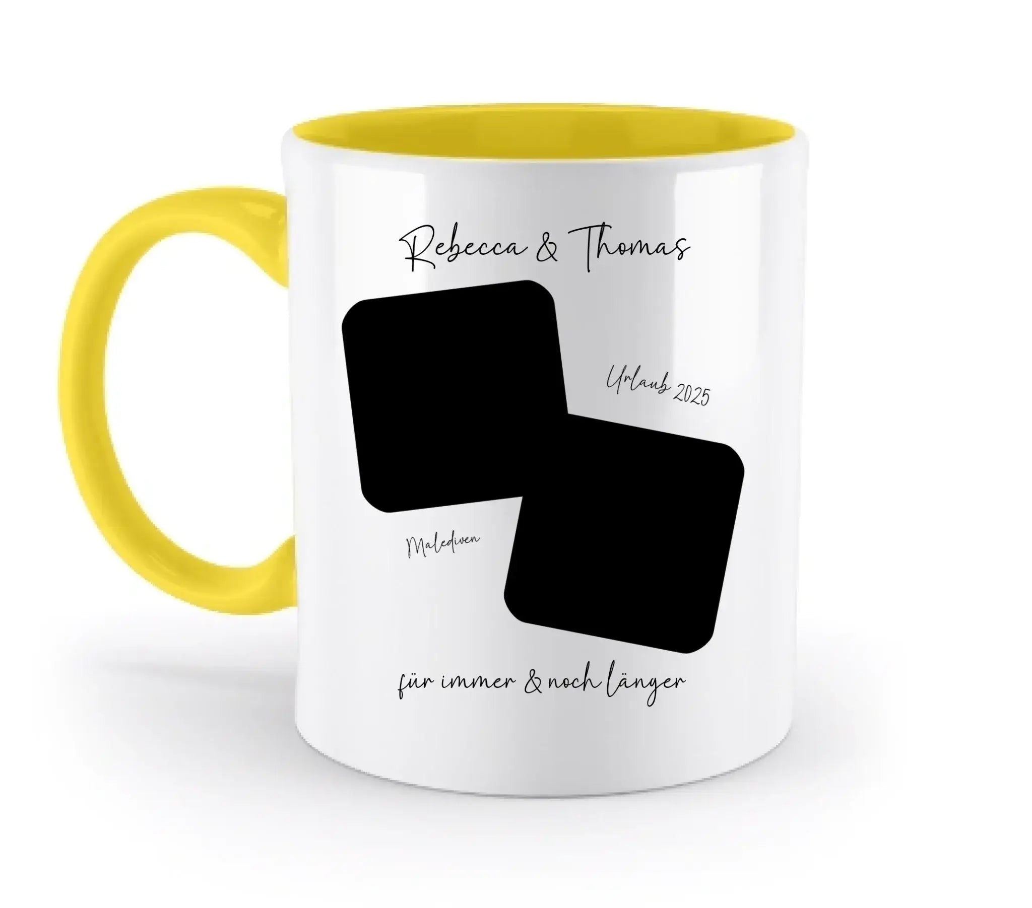 Weiße keramiktasse mit gelbem griff und innenfarbe, personalisierbar mit zwei schwarzen rechteckigen fotoslots