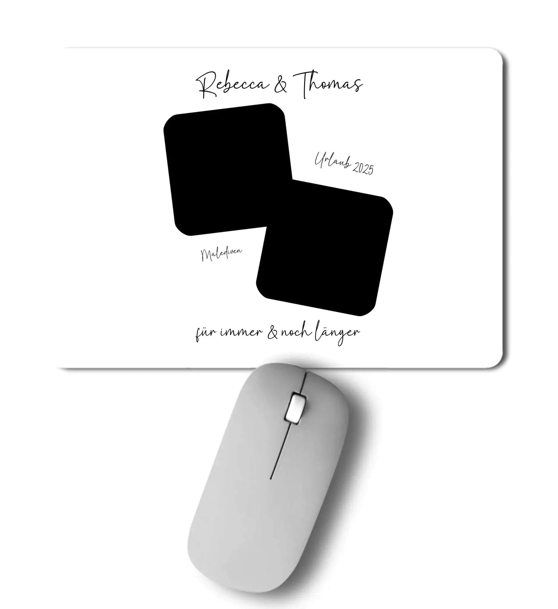 Weißer personalisierter mousepad mit schwarzen geometrischen fotofeldern und eleganter schrift für paare hochzeit anniversary