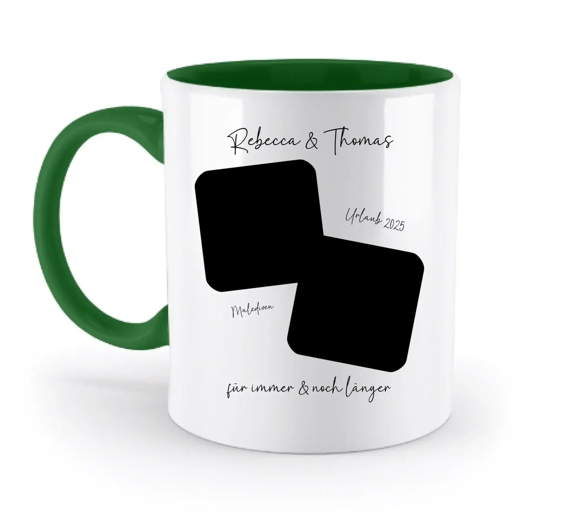 Weiße keramiktasse mit grünem innenraum und griff personalisiert mit zwei fotos und wunschtext aus der statement-collection