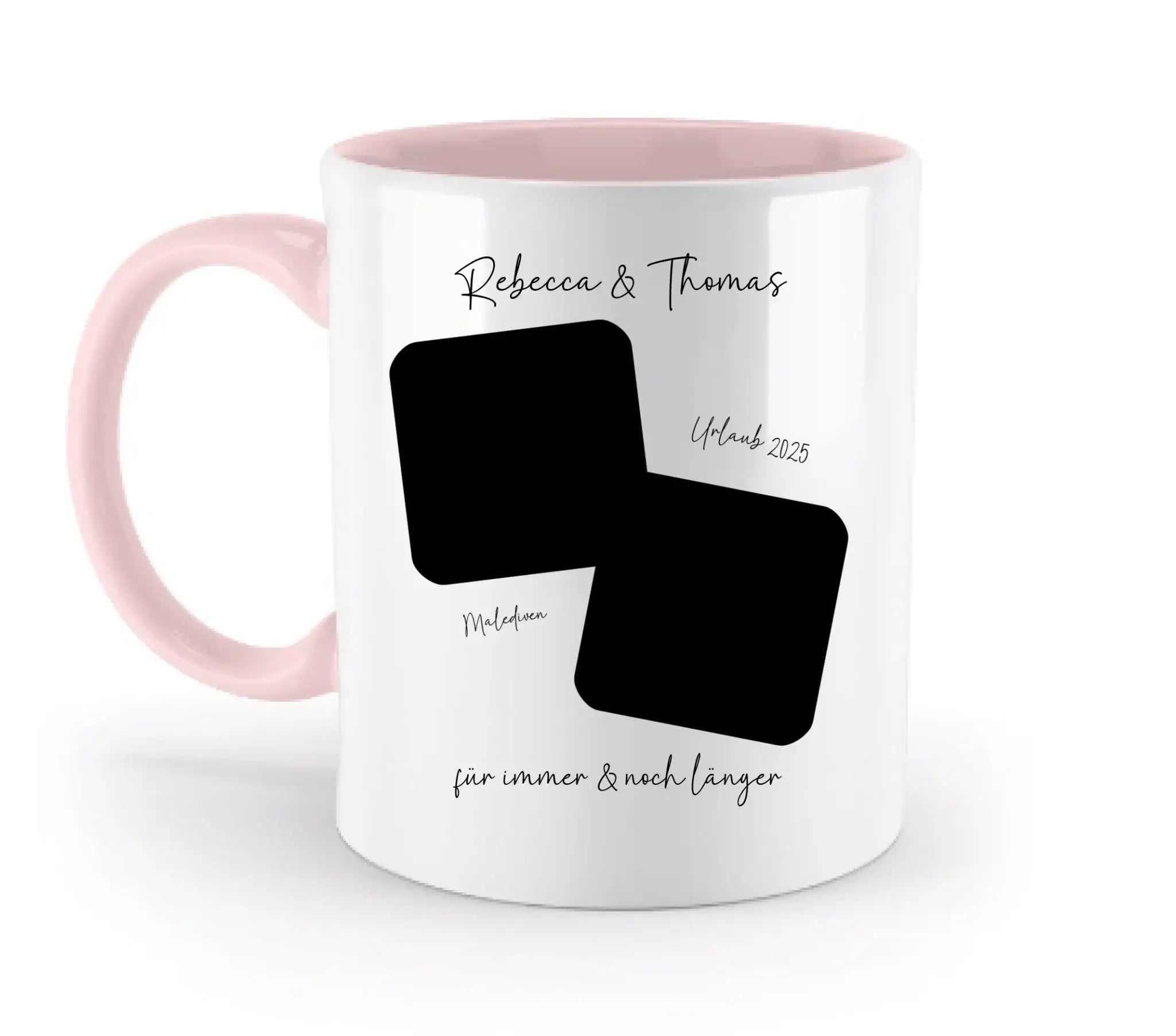 Weiße keramiktasse mit pinkem griff und innen, zwei schwarze fotoplatzhalter und personalisierter wunschtext