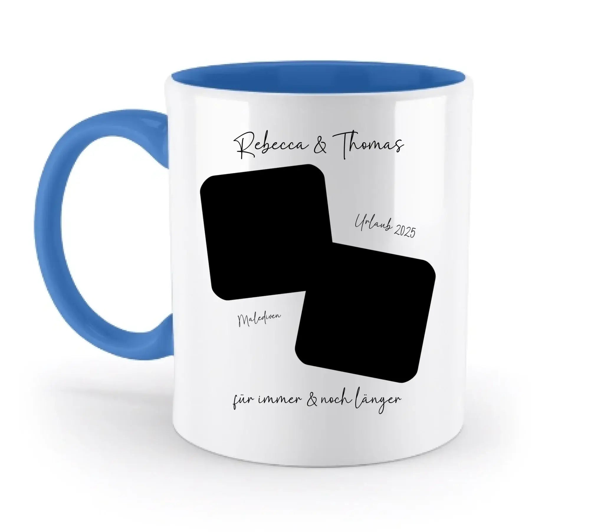 Weiße keramiktasse mit blauem griff und innenfläche, zwei schwarzen bilderplatzhaltern und personalisiertem schriftzug