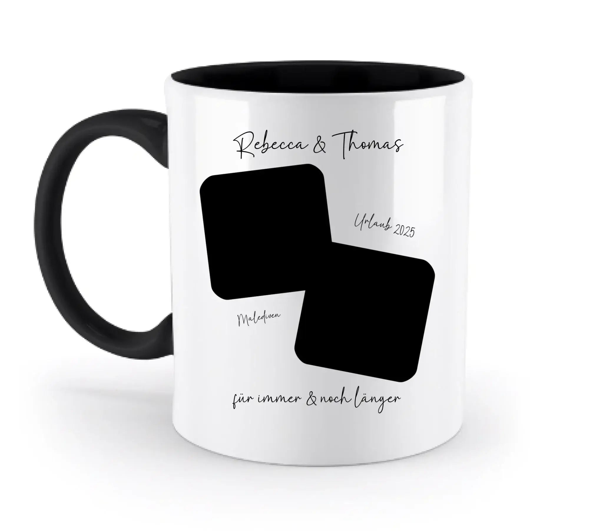 Weiße keramiktasse mit schwarzem griff und innenraum, personalisierbar mit zwei schwarzen fotoflächen aus der statement-collection