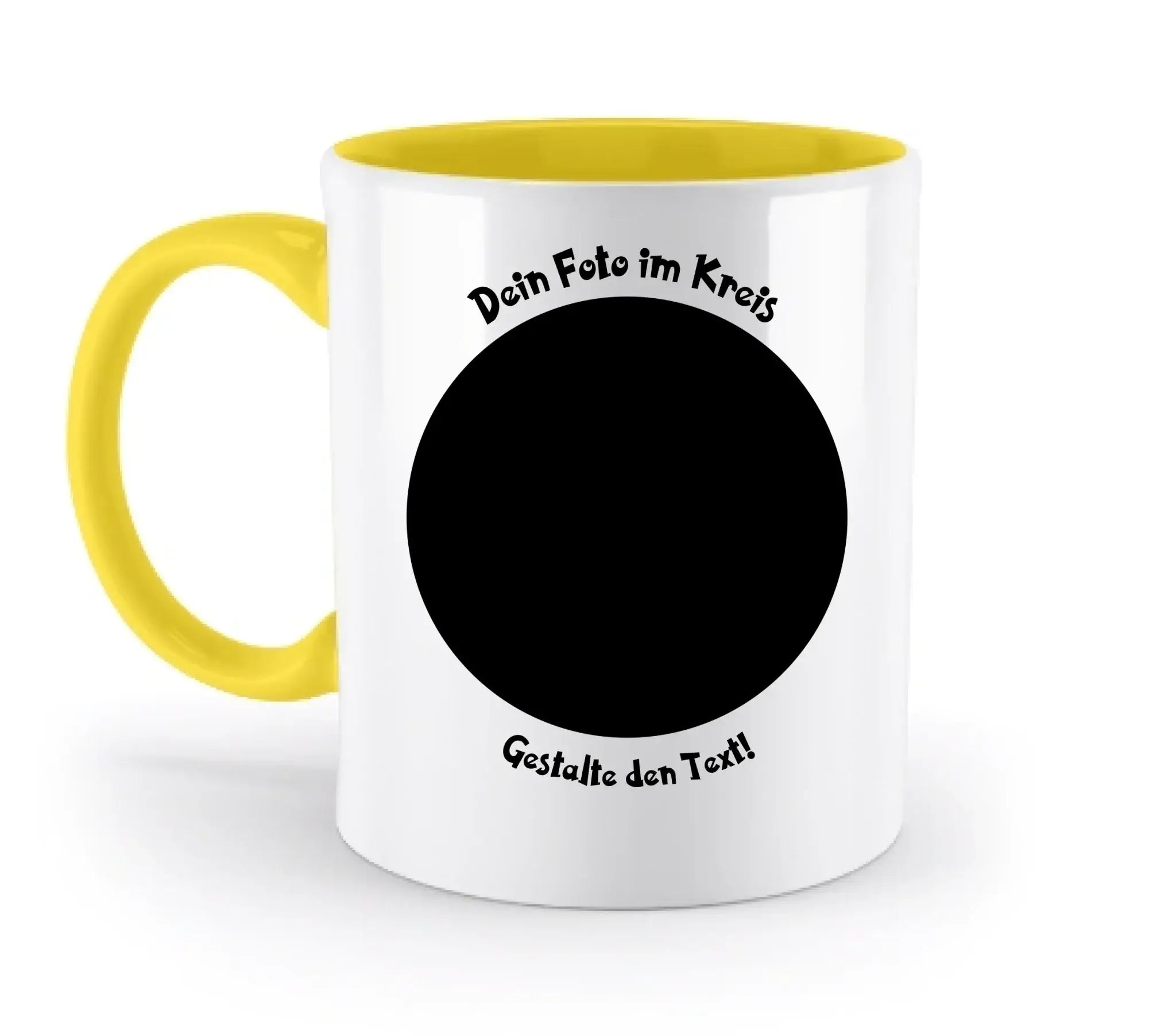 Dein Foto in Kreisform mit Wunschtext (personalisierbare Fotomotive) - Zweifarbige Tasse / Yellow / 330ml