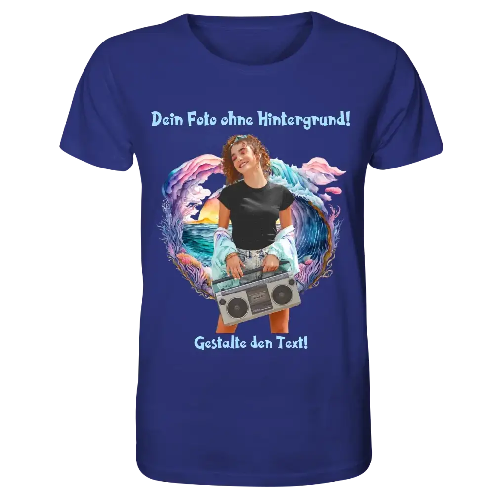 Dein FOTO mit Hintergrundentferner + Text + Hintergrund optional • Unisex Premium T-Shirt XS-5XL aus Bio-Baumwolle für Damen & Herren • Exklusivdesign • personalisiert • KI-MAGIC-CUT