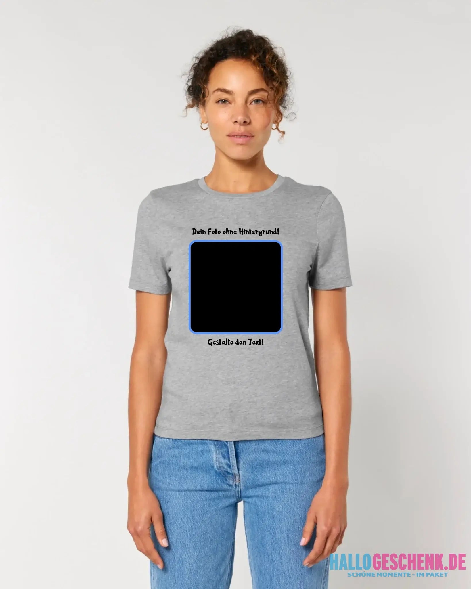 Dein FOTO mit Hintergrundentferner + Text + Hintergrund (optional) • Damen T-Shirt • Bio-Baumwolle • Premium-Qualität