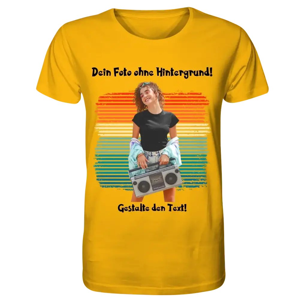 Dein FOTO mit Hintergrundentferner + Text + Hintergrund optional • Unisex Premium T-Shirt XS-5XL aus Bio-Baumwolle für Damen & Herren • Exklusivdesign • personalisiert • KI-MAGIC-CUT