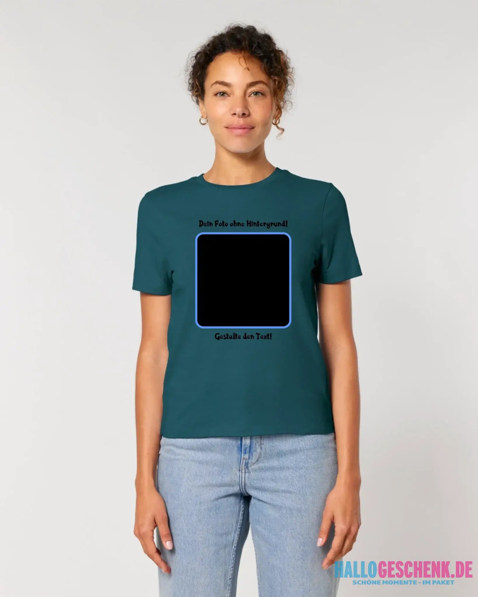 Dein FOTO mit Hintergrundentferner + Text + Hintergrund (optional) • Damen T-Shirt • Bio-Baumwolle • Premium-Qualität