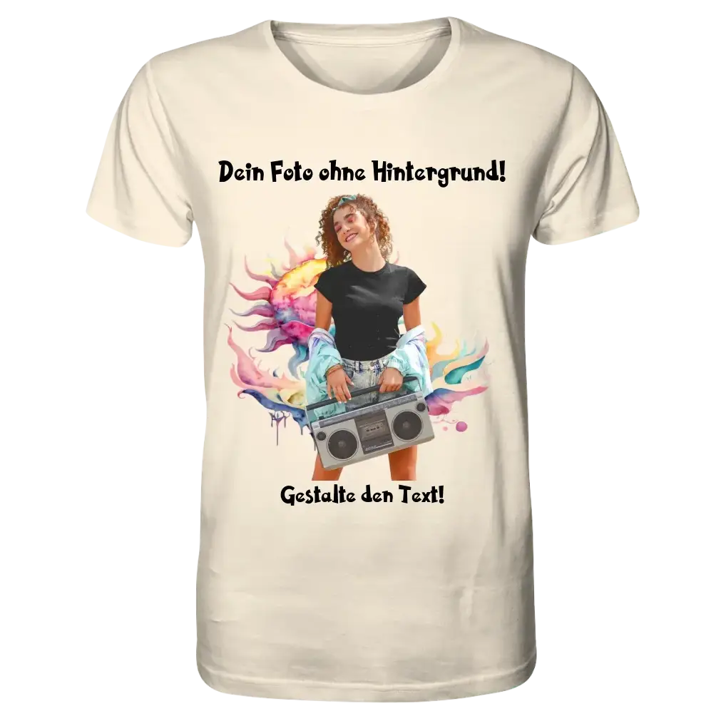 Dein FOTO mit Hintergrundentferner + Text + Hintergrund optional • Unisex Premium T-Shirt XS-5XL aus Bio-Baumwolle für Damen & Herren • Exklusivdesign • personalisiert • KI-MAGIC-CUT
