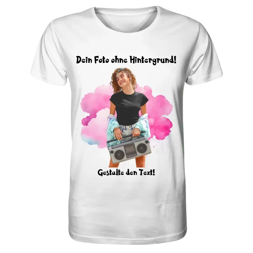 Dein FOTO mit Hintergrundentferner + Text + Hintergrund optional • Unisex Premium T-Shirt XS-5XL aus Bio-Baumwolle für Damen & Herren • Exklusivdesign • personalisiert • KI-MAGIC-CUT