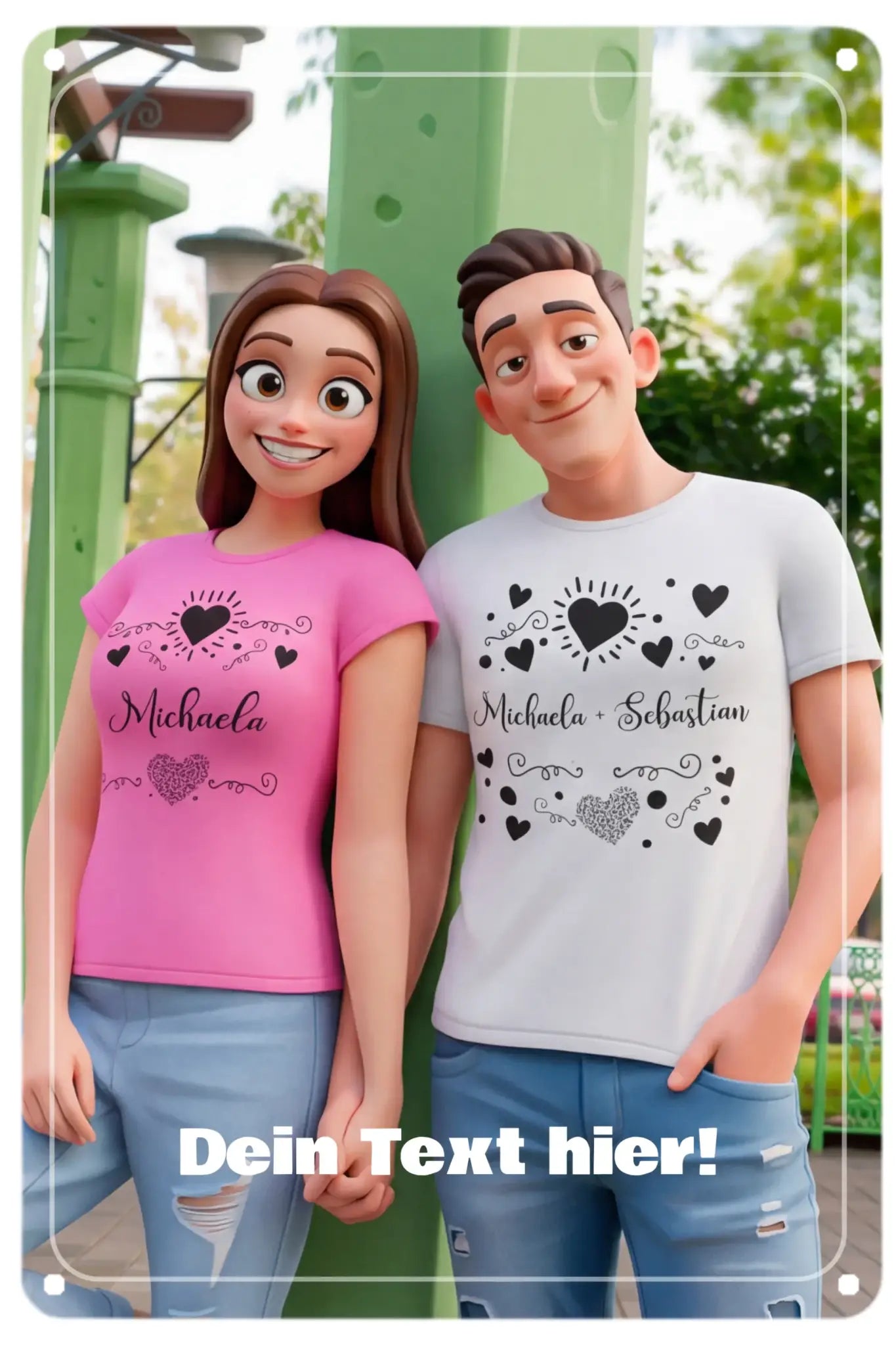 Personalisierte pink und weiße t-shirts mit herzmotiven und schwarzen namensschriften für fotogeschenke mit ki-cartoon-effekt