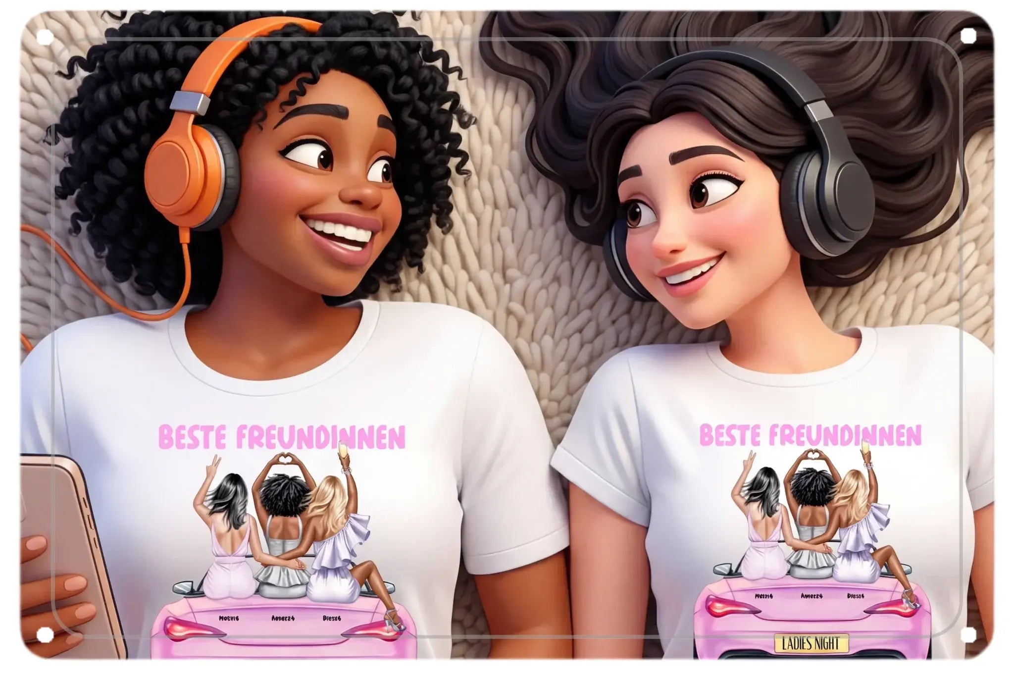 Weiße t-shirts mit pinkem convertible auto und drei frauen plus texte beste freundinnen als personalisierbares geschenk
