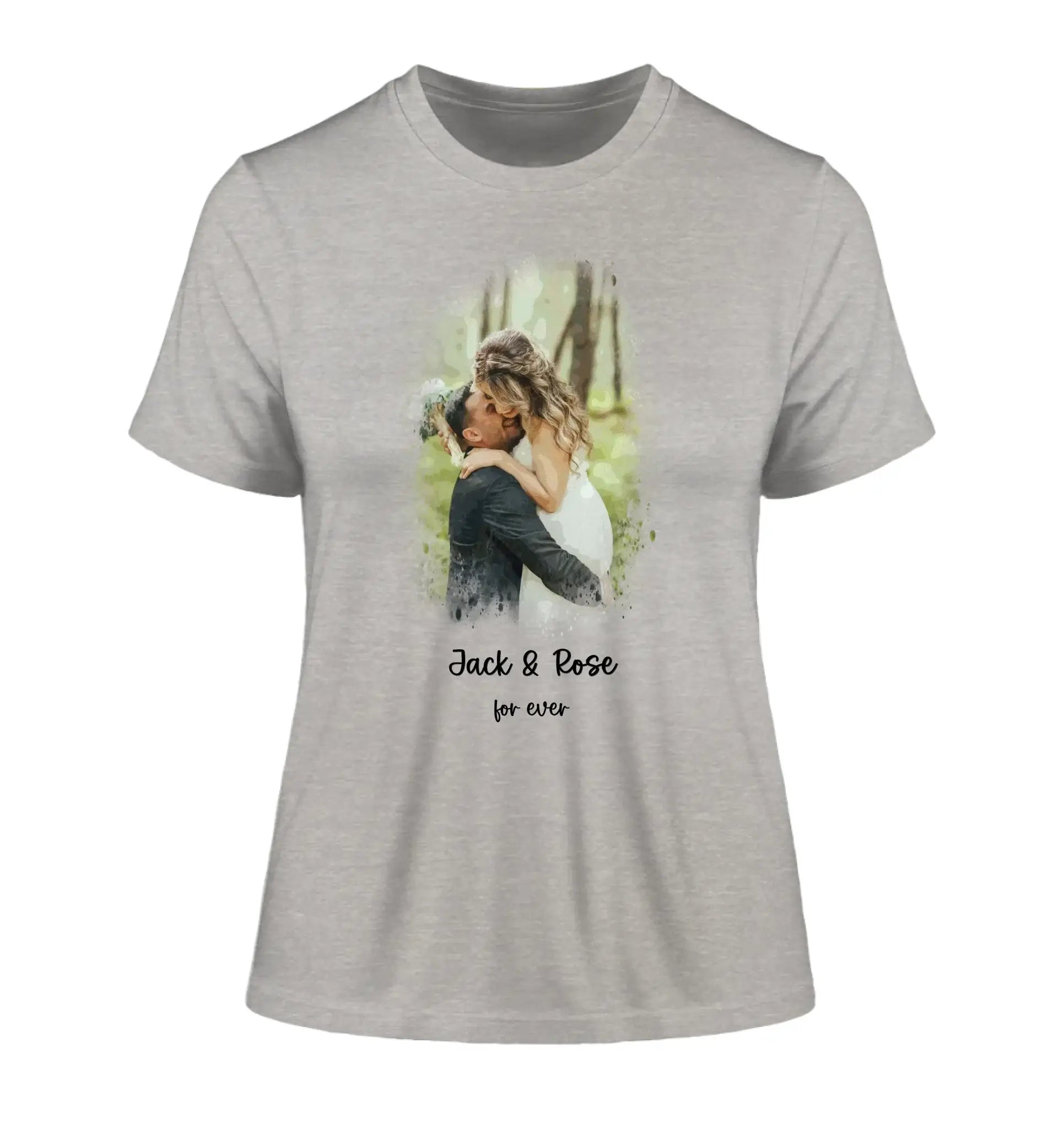 Dein Foto mit Wasserfarbeneffekt mit Wunschtext (personalisierbare Fotomotive) - Damen T-Shirt (Fitted) • Bio / Heather