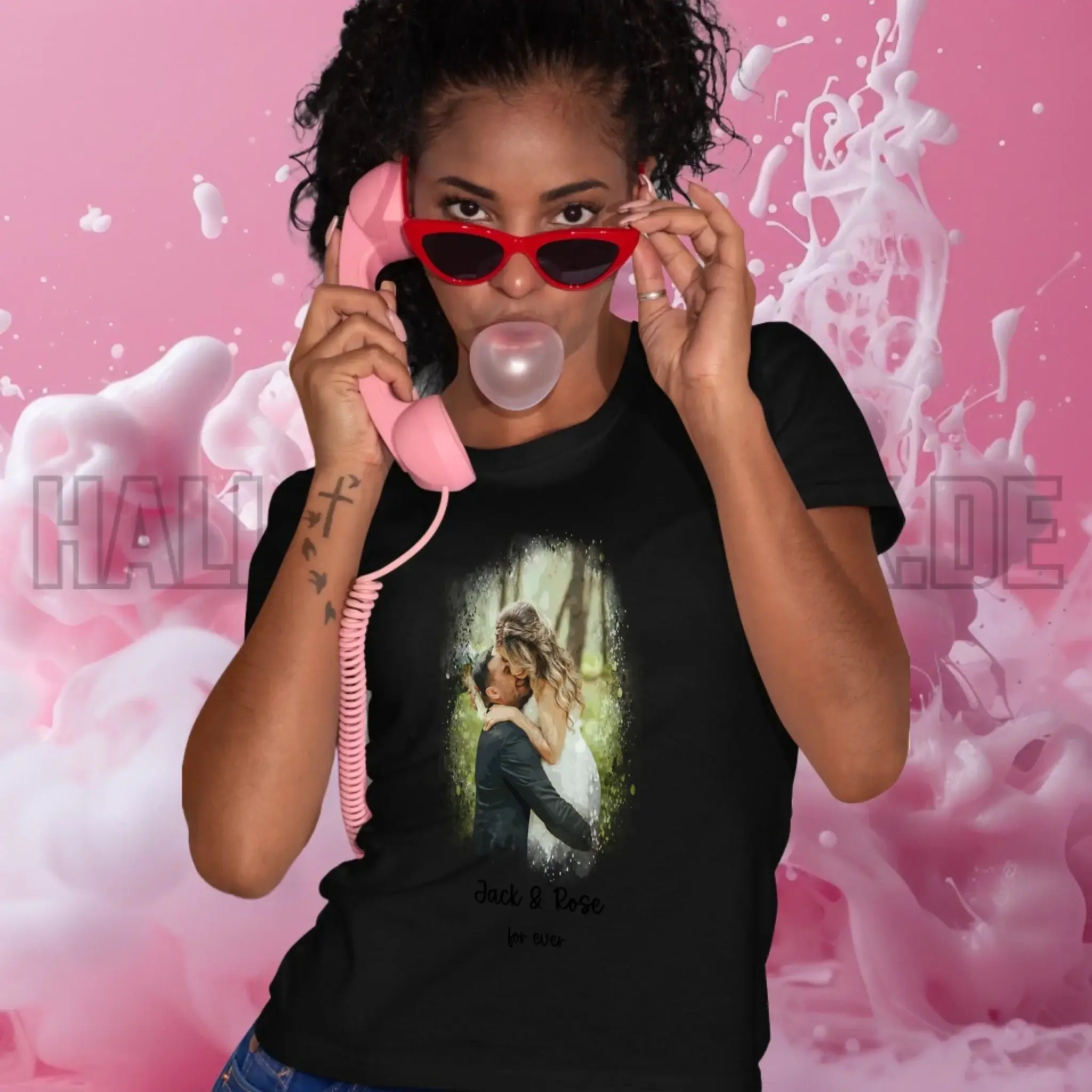 Dein Foto mit Wasserfarbeneffekt mit Wunschtext (personalisierbare Fotomotive) - Damen T-Shirt (Fitted) • Bio / Black