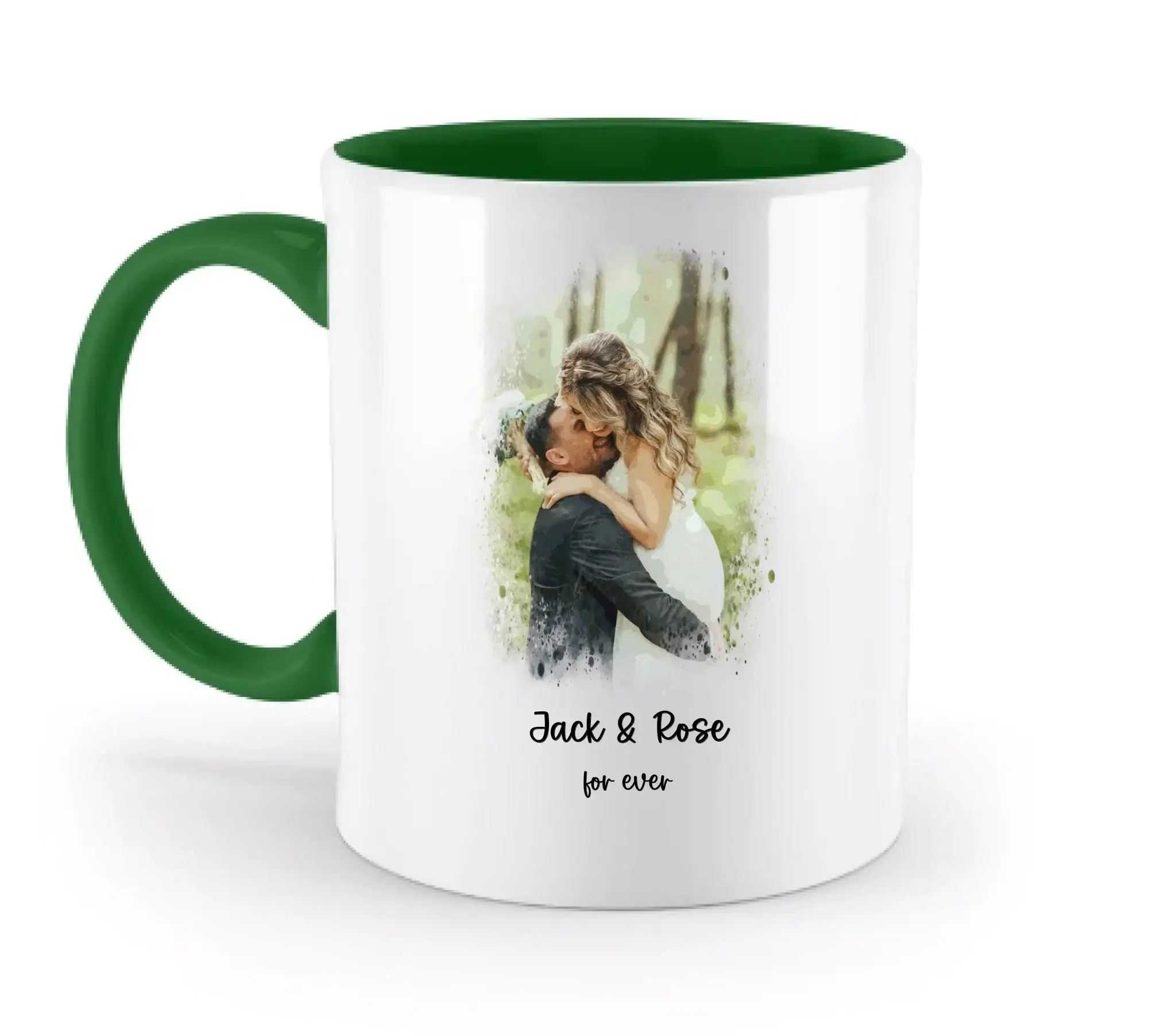 Dein Foto mit Wasserfarbeneffekt mit Wunschtext (personalisierbare Fotomotive) - Zweifarbige Tasse / Irish-Green
