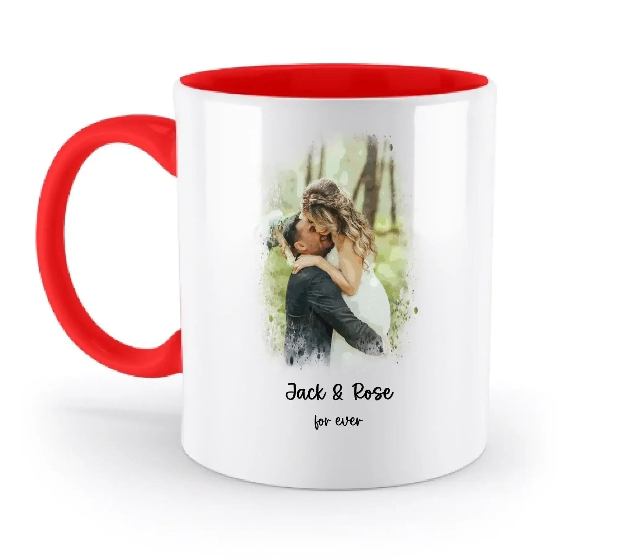 Dein Foto mit Wasserfarbeneffekt mit Wunschtext (personalisierbare Fotomotive) - Zweifarbige Tasse / Rubin-Red / 330ml